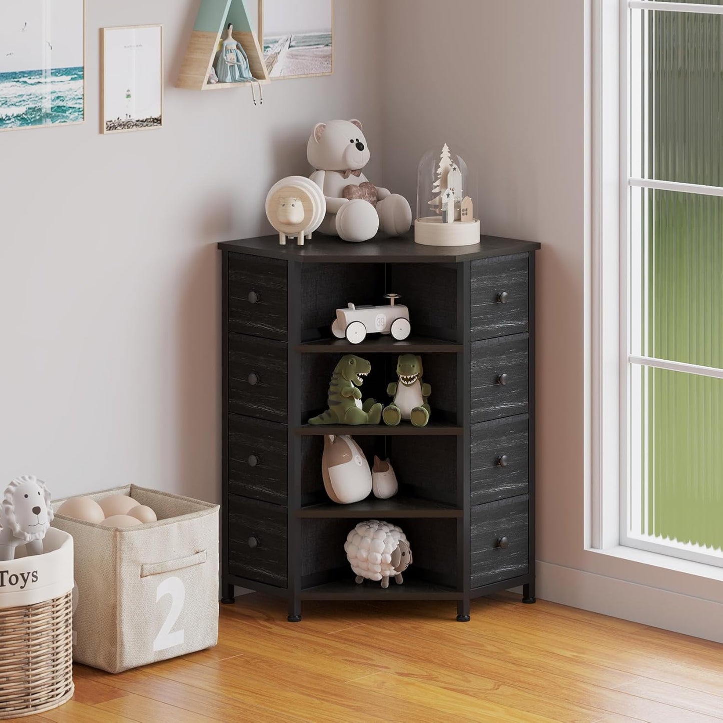 LUMTOK 8 Drawers Corner Dresser with Storage Fabric Drawers and Open Shelves for Small Space，Bedroom，Entryway，Living Room (Black Wood Veins)