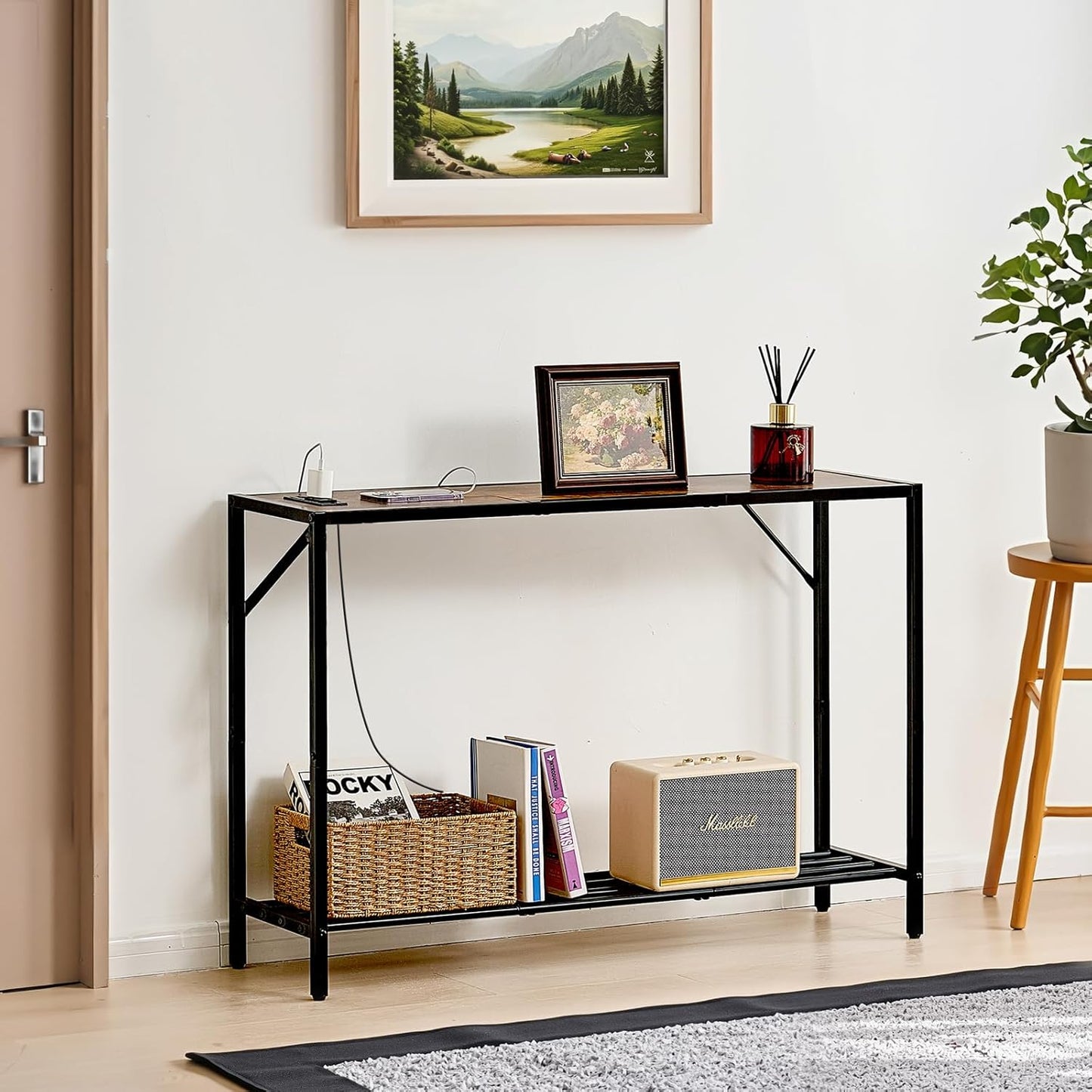 VEVOR Narrow Console Table, 41.7" Behind Couch Shelf with Power Outlets, 2-Tier Long Entryway Shelf, Sofa Table with Metal Frame and Charge Station, for Entryway, Hallway, Living Room