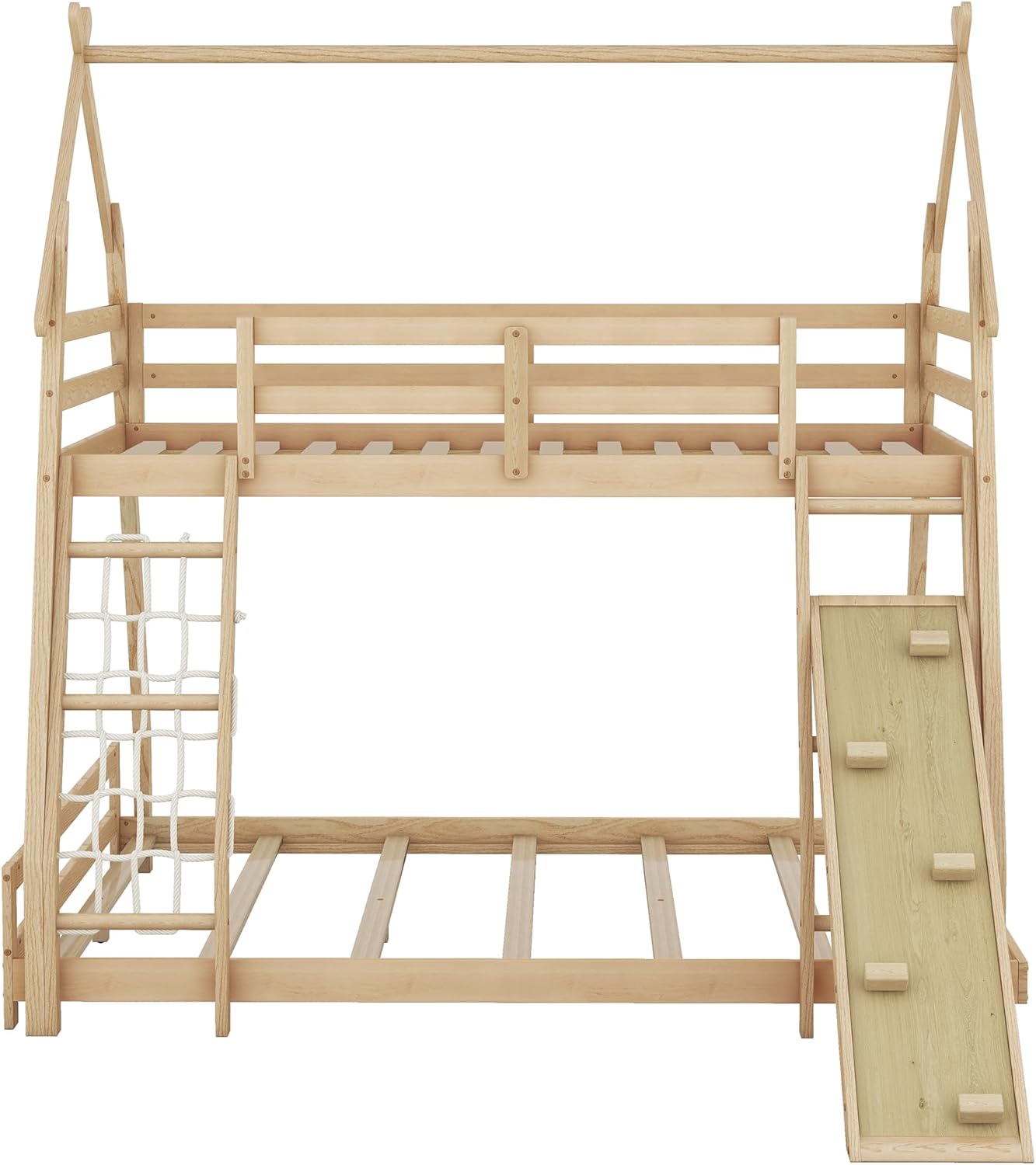 Twin Over Queen House Bunk Bed with Climbing Nets and Climbing Ramp for Kids Teens Boys Girls,Solid Wood Bunk Bed Frame with Safety Guardrails,Playful Design,Natural