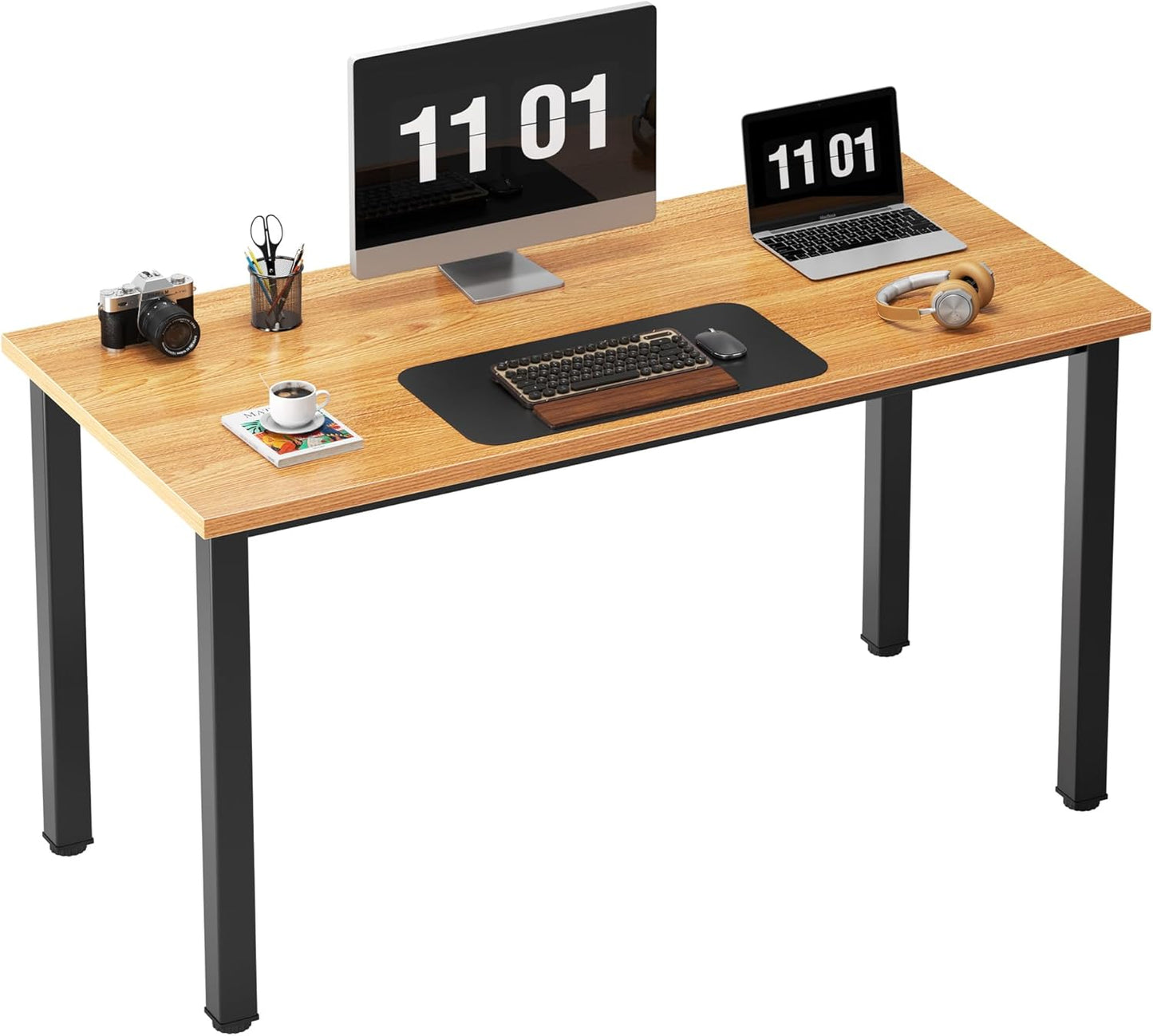 Need Computer Desk, 47 inch Home Office Desk, Modern Simple Style Home Office Gaming Desk, Basic Writing Table for Study Student, Black Metal Frame, Teak