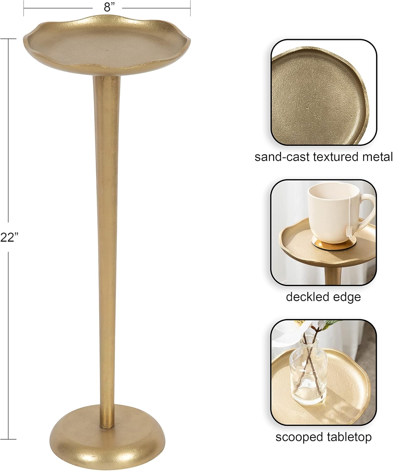 Kate and Laurel Alessia Modern Decorative Metal Drink Table; 8 x 8 x 22; Gold; Stunning Cast Aluminum Pedestal Plant Stand with Rough Texture and Deckled Edge