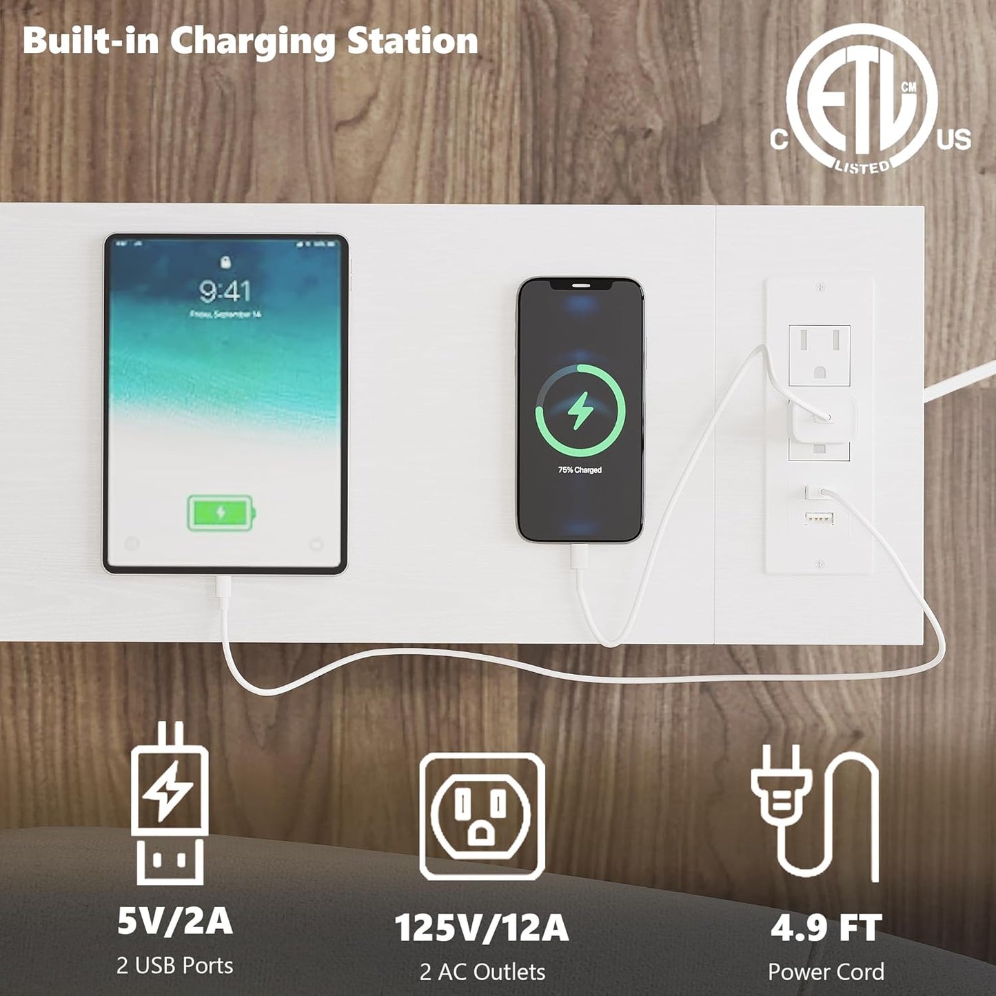 End Table Set 2 with Charging Station, Narrow Side Table with 2 Fabric Drawers, Skinny Nightstand with LED Light, Slim Bedside Table for Bedroom, Living Room, Small Spaces, White