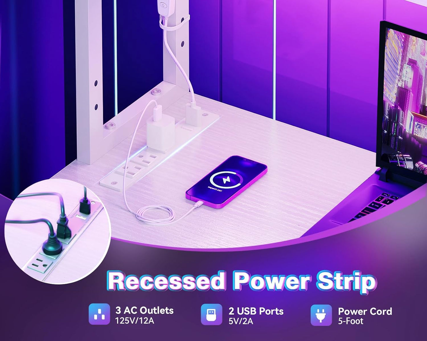 AODK L Shaped Desk Gaming Desk with LED Light & Power Outlet, 53 Inch Reversible L Shaped Computer Table with Shelf, Corner Desk with Storage Bag&Hook for Home Office Desk, White