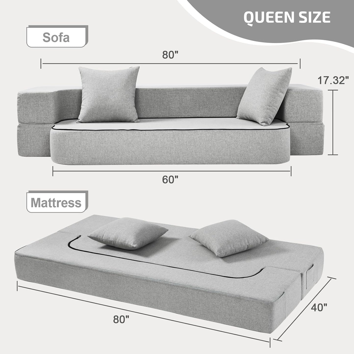 2-in-1 Folding Sofa Bed with Pillows - Folding Chair Floor Couch & Sleeping Mattress - Washable Cover & Memory Foam Sleeper Chair for Living Room/Guest Room/Apartment/Loft, Light Gray, Twin XL