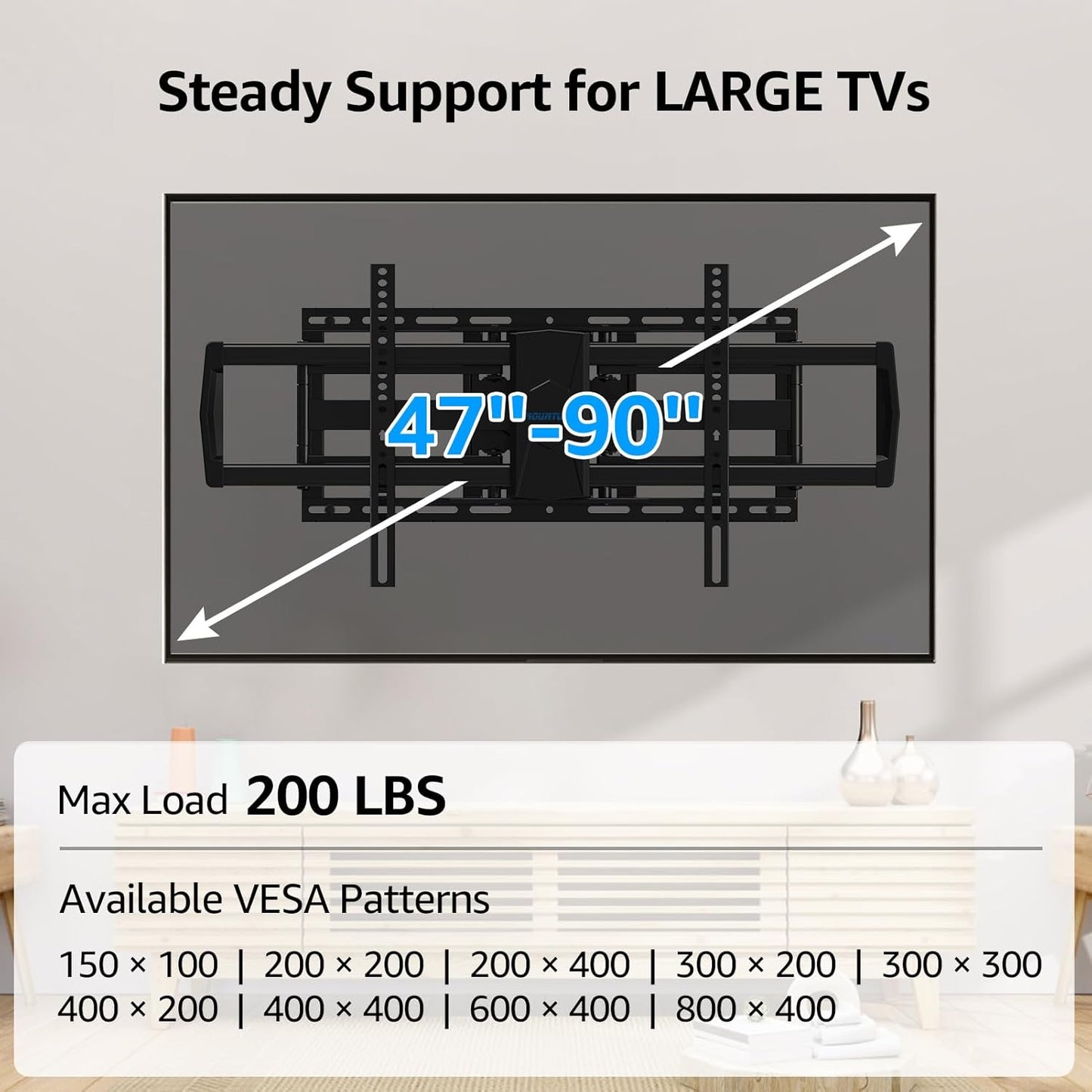 MOUNTUP Heavy Duty TV Wall Mount for 47-90 inch Large TVs, Holds 200 lbs, Full Motion TV Mount with Articulating Extension, Swivel & Tilt, Preassembled, Max VESA 800x400mm, Fits 16-24" Studs, MU0015