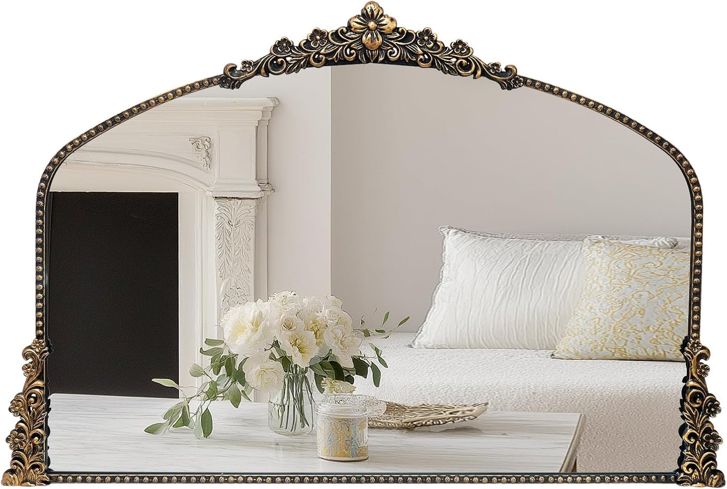 Vintage Arched Mirror, 40"x 30"Antique Baroque Mirror Style Metal Beaded Frame for Entryway Hallway Living Room,Vintage Black