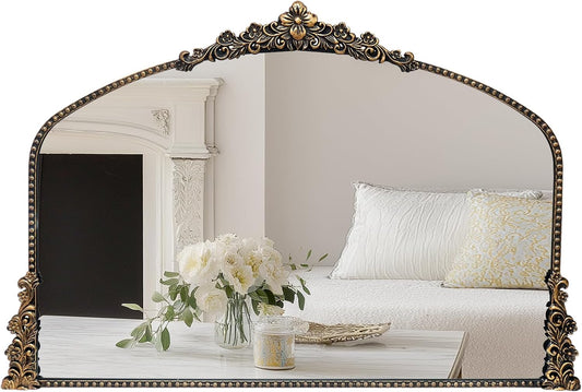 Vintage Arched Mirror, 40"x 30"Antique Baroque Mirror Style Metal Beaded Frame for Entryway Hallway Living Room,Vintage Black