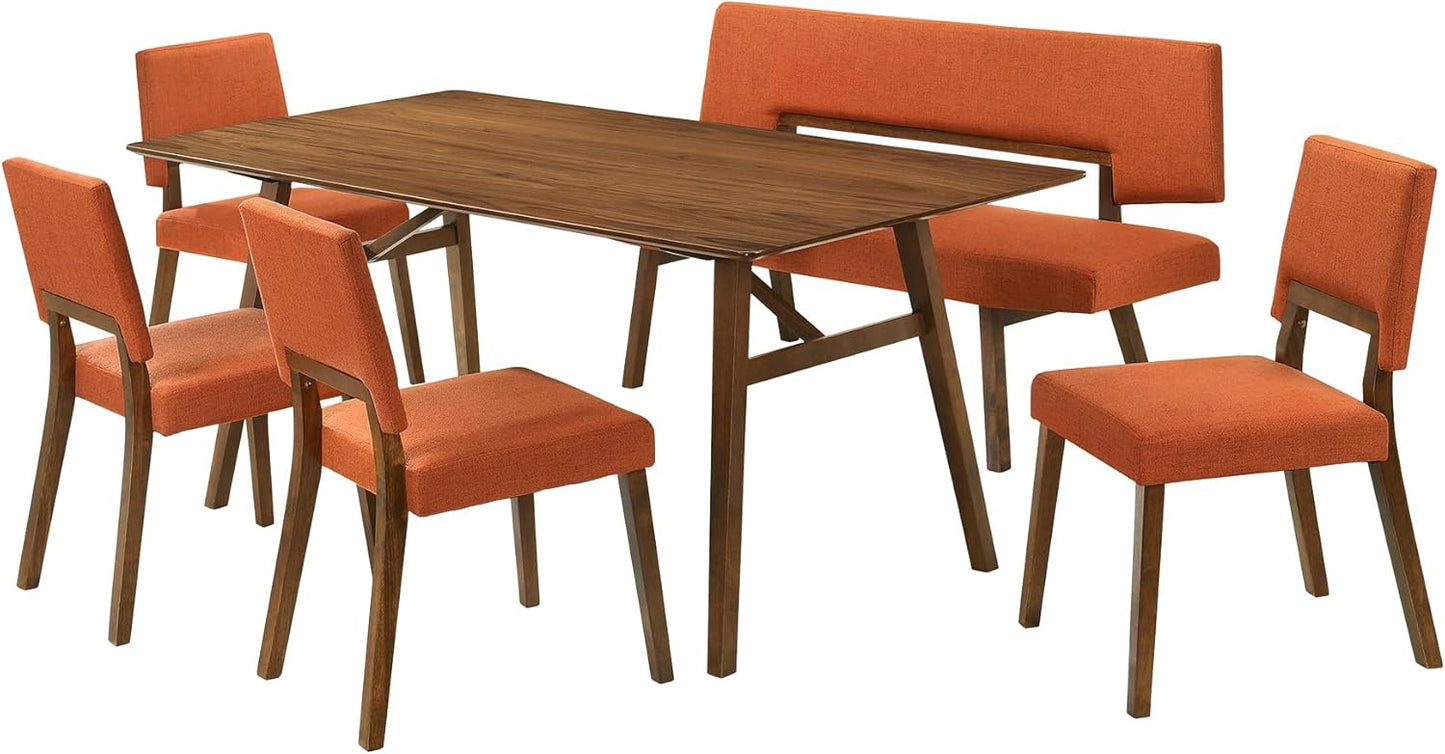 Armen Living Channell Mid Century Modern 6 Piece Walnut Wood Dining Table Set with Bench in Orange Fabric
