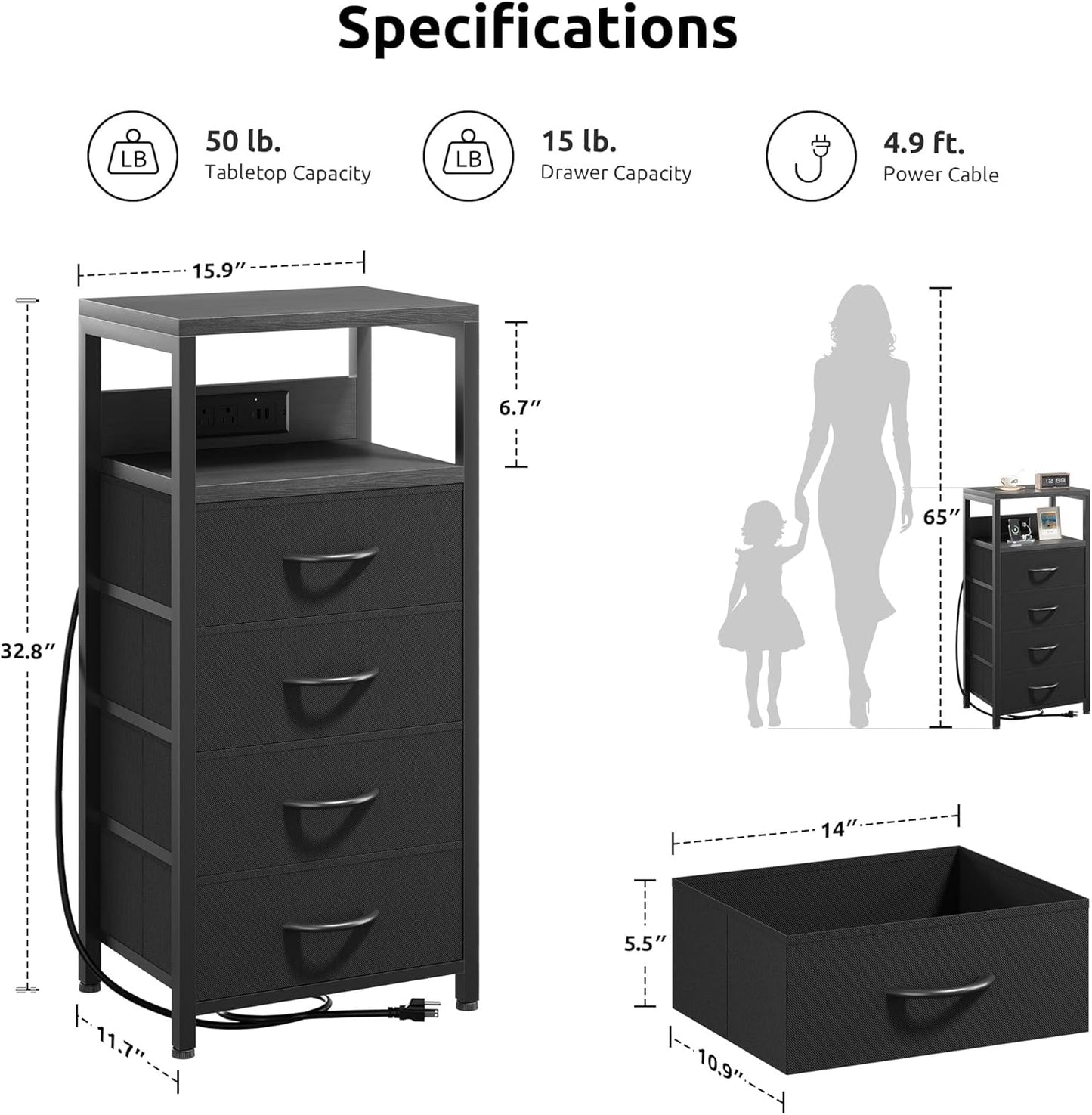 NightStand Bedside Charging Table Bedroom - Black Night Stand with Charger Station, Modern Bed Side End Table with Open Shelf & 4 Fabric Drawers, USB-C USB Ports & AC Outlets for Dorm Living Room