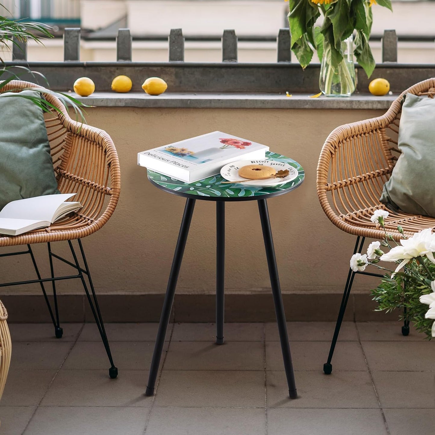 2 Packs Metal Leaf Round Side Tables 13.4" Small Outdoor Patio Round Accent Coffee Tables Indoor Corner Stand for Small Spaces Weather-Resistant for Balcony, Porch Plant Stands Indoor