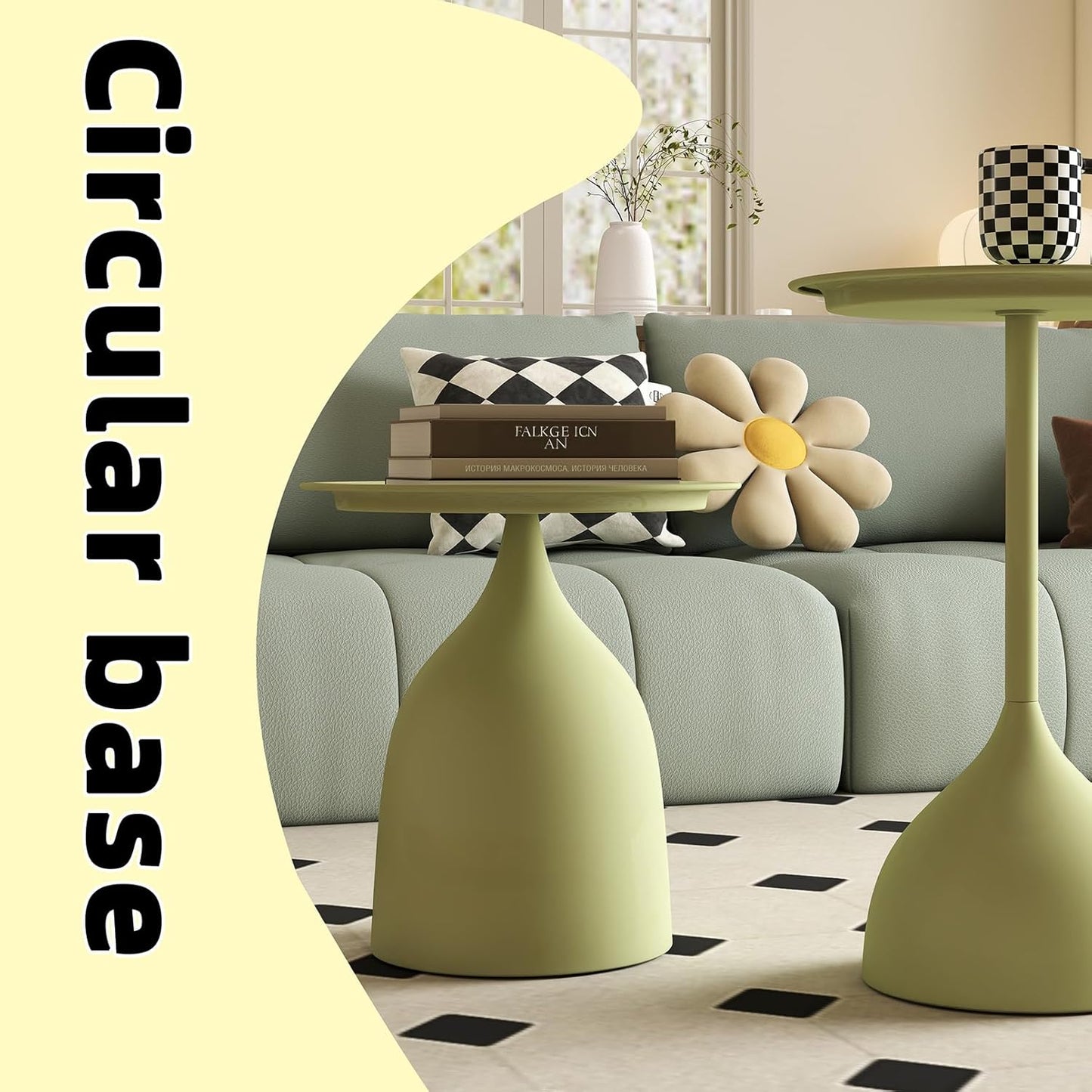hitsuki Green Nesting Coffee Table Set of 2 Funky Colorful Round Metal End Side Tables for Living Room Sofa Retro Modern Pedestal nightstand Cute Matte Cream Green Side Table