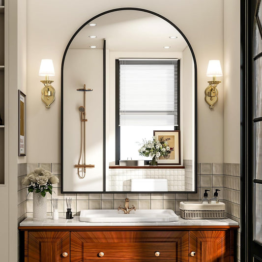 Arch Bathroom Mirror, 26x38 inch Arched Bathroom Mirror/Wall Mounted Vanity Mirror - Arch Metal Frame Wall Mirror for Bathroom Bedroom Living Room, Black