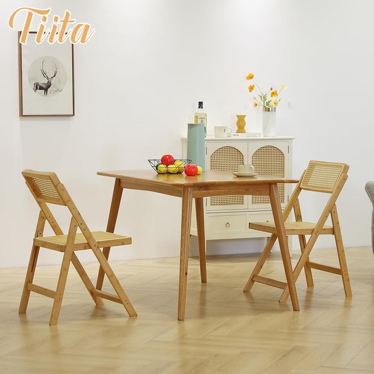 Tiita Rattan Dining Chairs Set of 2, Mid Century Modern Folding Chair, Bamboo Folding Dining Chairs for Small Space, Dining Room, Living Room, Bedroom, Wood