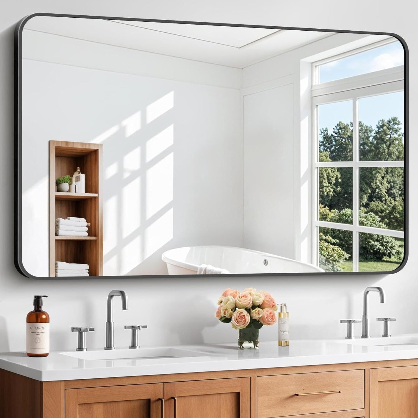 Bathroom Mirror, 55x36 inch Black Rectangle Wall Mirror, Metal Frame Rounded Corner Vanity Mirror, Large Wall Mounted Mirrors for Over Sink Bedroom Living Room Horizontal Or Vertical Mounting