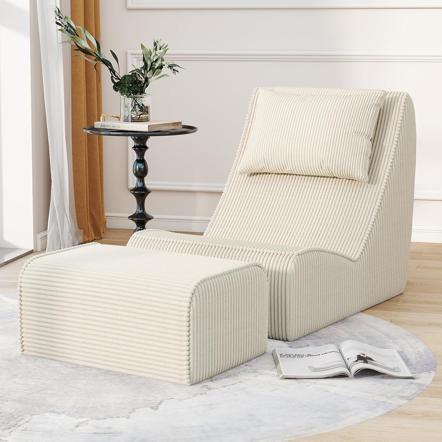 Giant Bean Bag Chair for Adults,Corduroy Chaise Lounge with Unrivaled Back Support, Detachable Neck Pillow, Comfortable Ottoman & Washable Cover for Living Room, Bedroom, Garden(White)