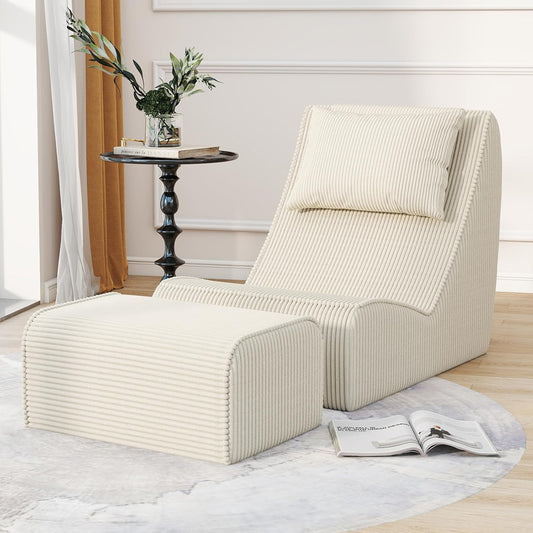 Giant Bean Bag Chair for Adults,Corduroy Chaise Lounge with Unrivaled Back Support, Detachable Neck Pillow, Comfortable Ottoman & Washable Cover for Living Room, Bedroom, Garden(White)