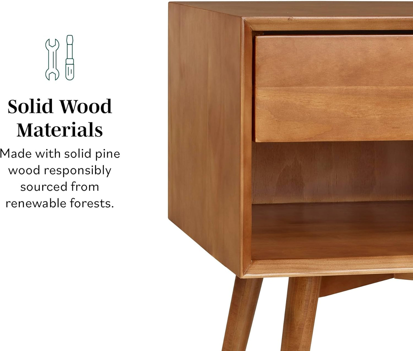 Walker Edison Mid Century Modern Wood Nightstand Side Table Bedroom Storage Drawer and Shelf Bedside End Table, 1 Drawer, Caramel