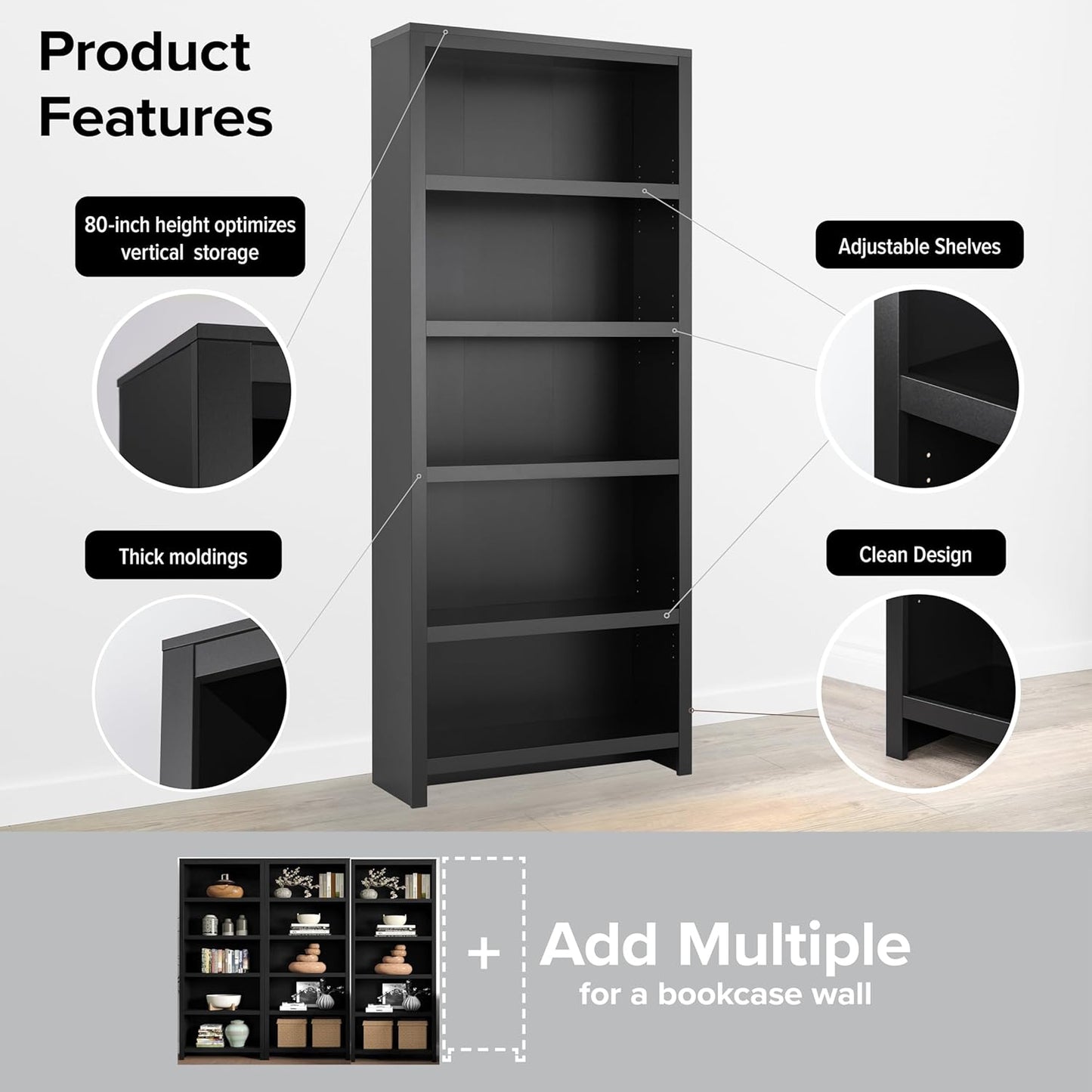 Prepac Moda 5-Tier Tall Wooden Bookcase, Black Storage Cabinet, Display Cabinet, Bookshelf with Storage Shelves 31.75" W x 80" H x 12" D for Home Office, Living Room, Bedroom Organizer