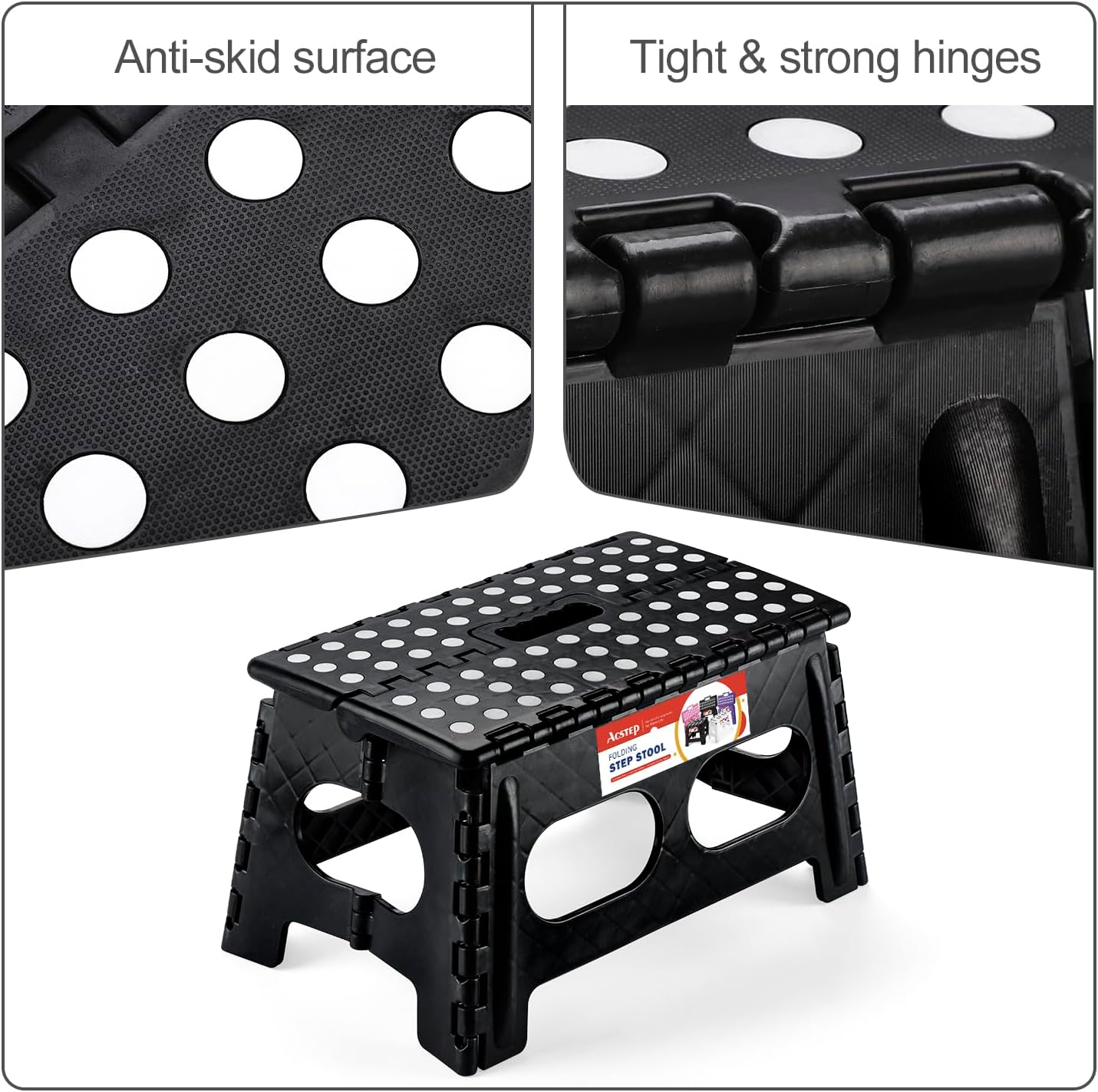 ACSTEP Folding Step Stool,15-Inch Extra Wide 9Inch Height Heavy Duty Stepping Stool More Safe and Comfortable Non Slip Foldable Step Stool for Kids and Adults Black