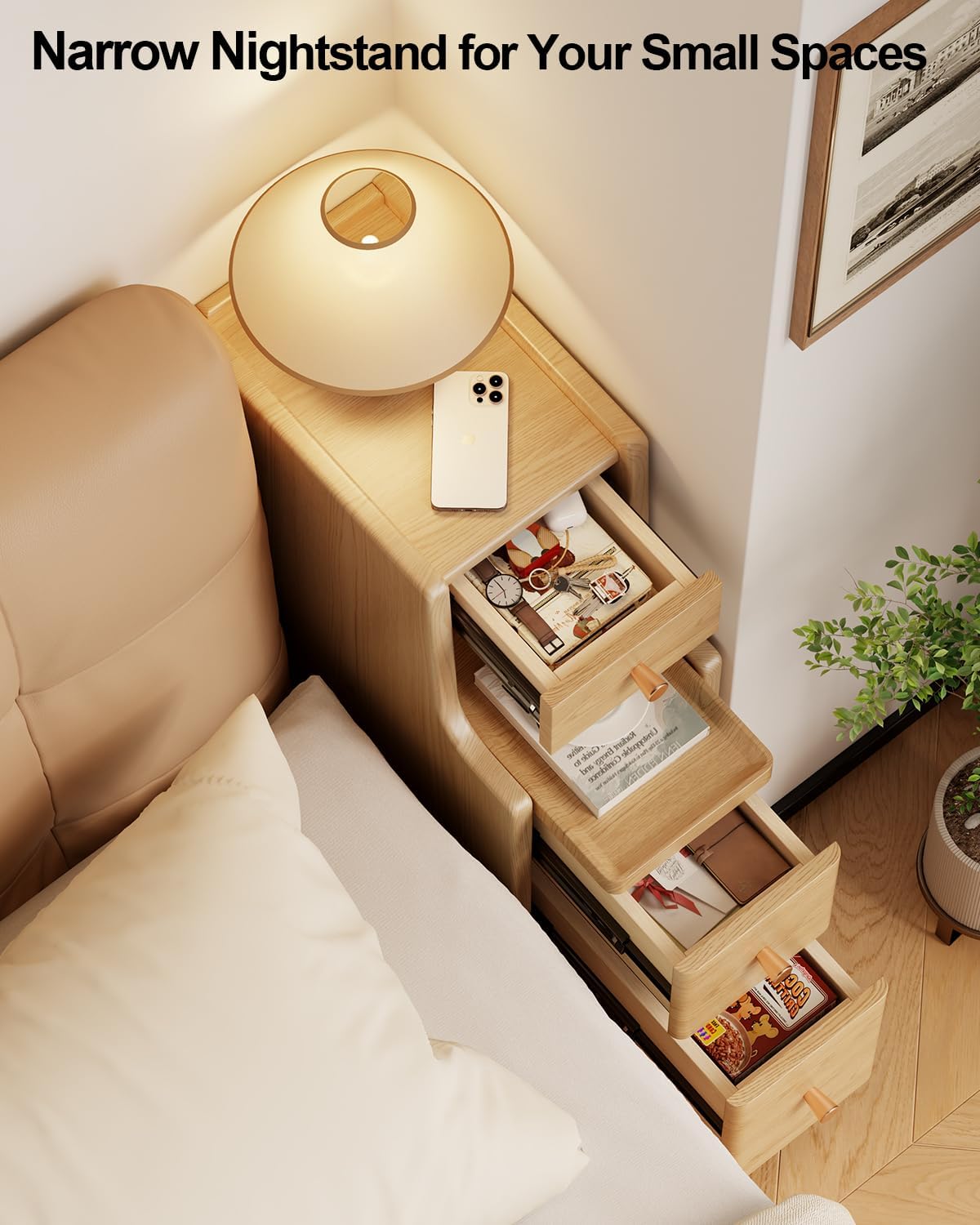 Narrow Nightstand with 3 Drawers,Solid Wood Small Nightstand Natural, Modern Small Bedside Tables for Bedroom(Fully Assembly)