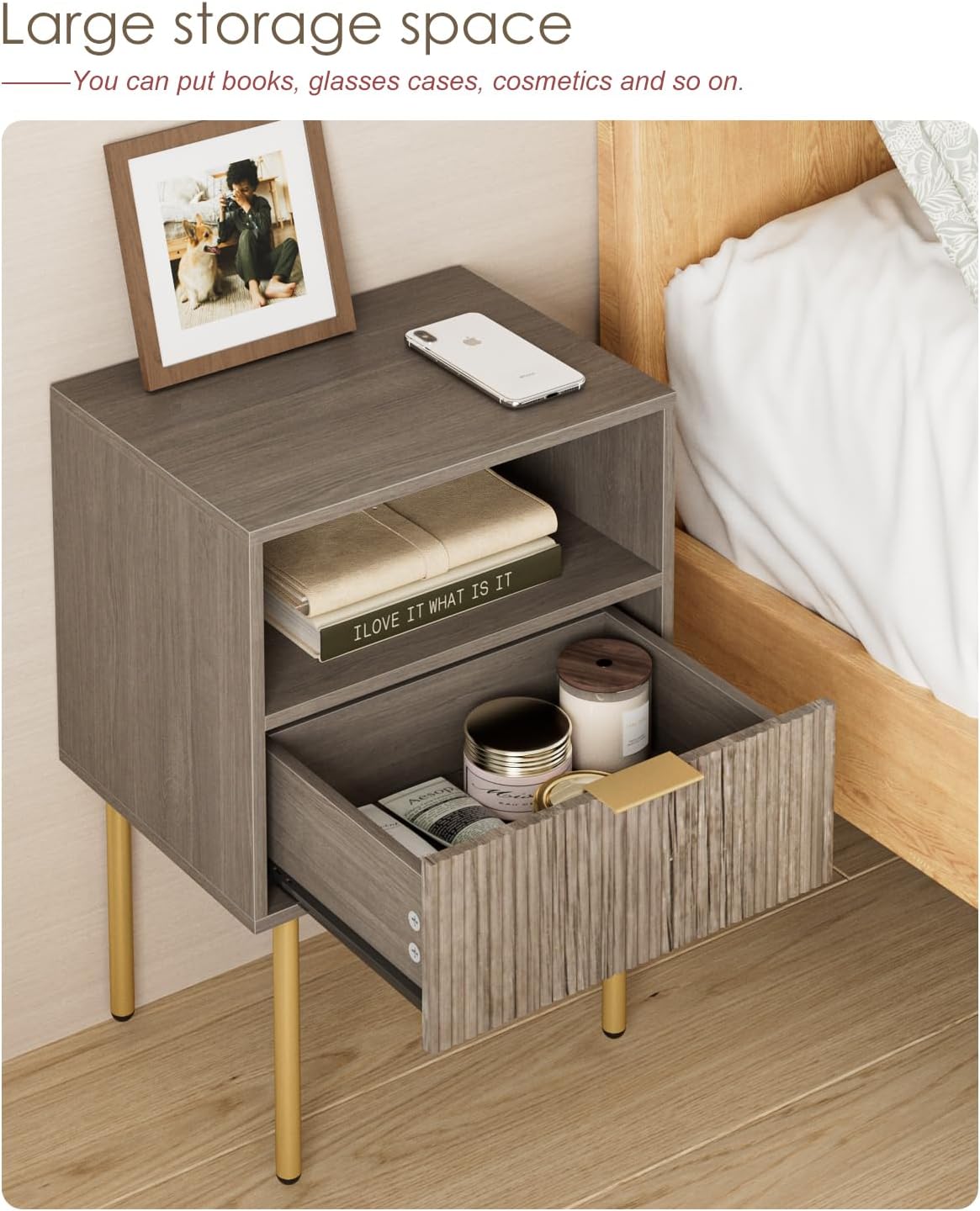 Nightstand,Morden Bedside Table with Gold Frame,Small White Night Stand,End Table,Bedside Furniture,Side Table with Drawer and Shelf for Bedroom,Living Room (1Drawer, Grey)