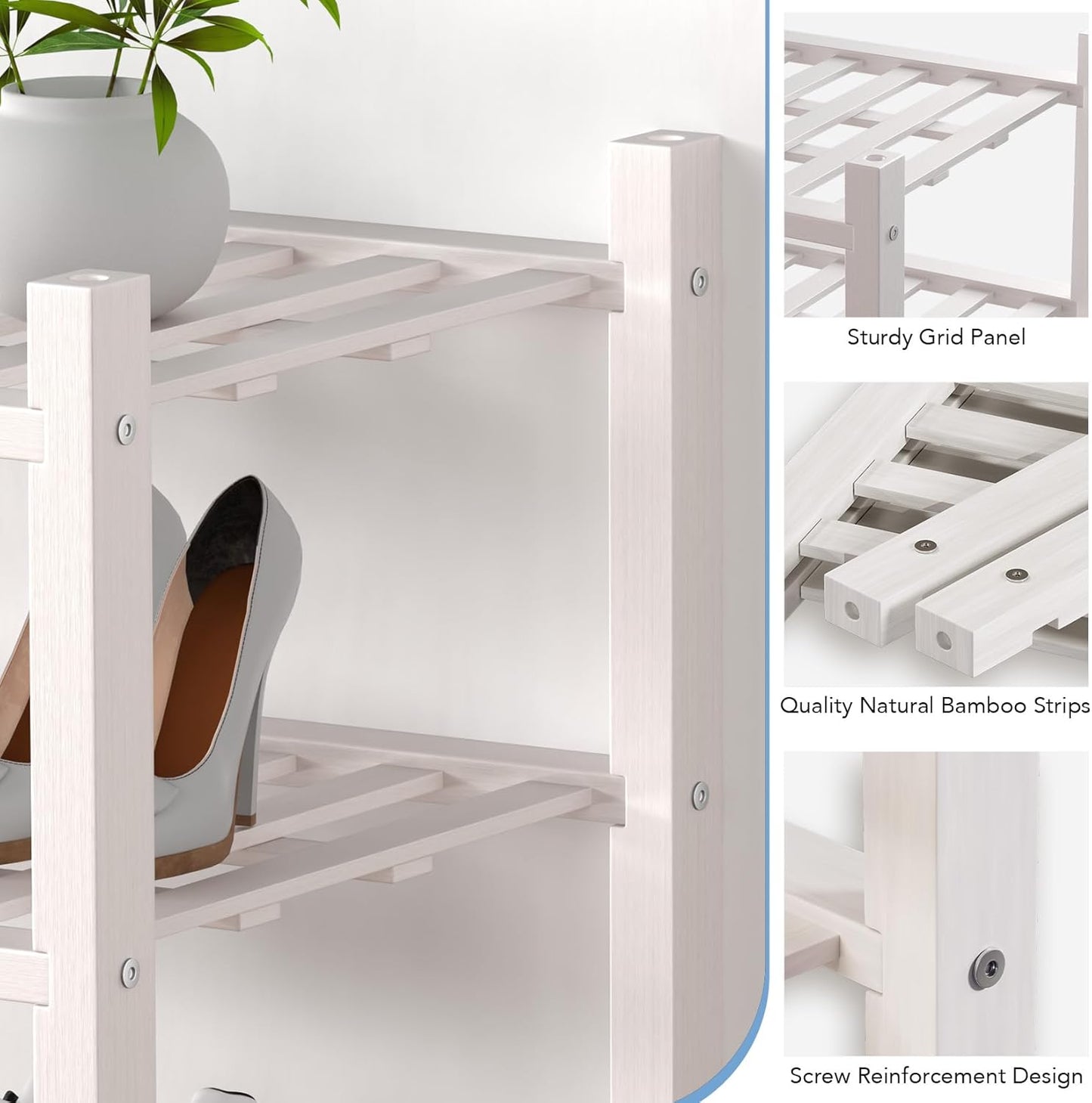 Haddockway small 3 Tier Bamboo Shoe Rack Storage Organizer, Multifunctional Free Standing Stackable Shoe Shelf with Grid Panel for Closet,Hallway,Entryway,Small Space 18"x11"x17"(White, 3-Tier(Small))