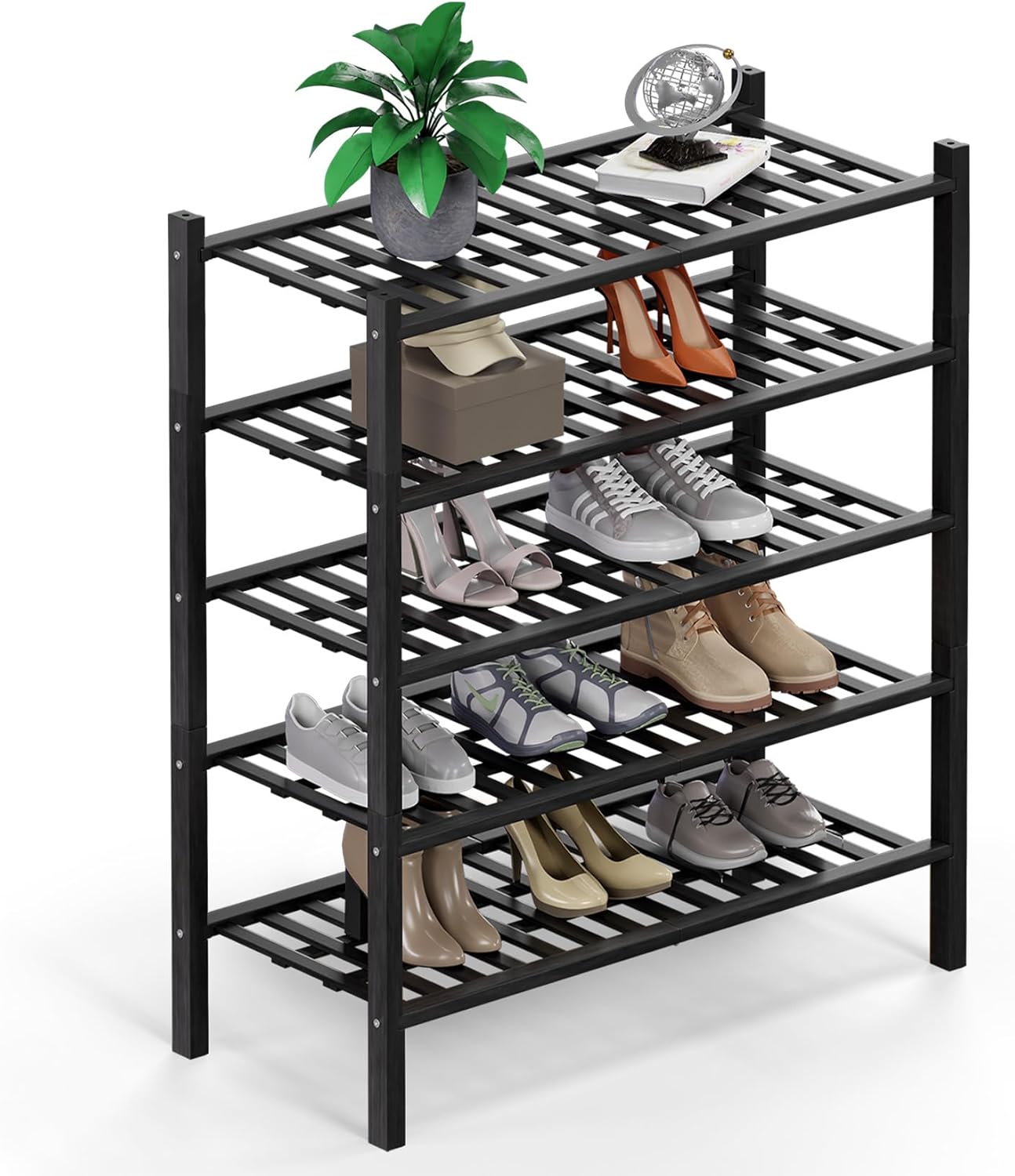 Haddockway 5 Tier Bamboo Shoe Rack Storage Organizer, Multifunctional Free Standing Stackable Shoe Shelf with Grid Panel for Closet,Hallway,Entryway,Small Space 27"x11"x32"(Black, 5 Tier)
