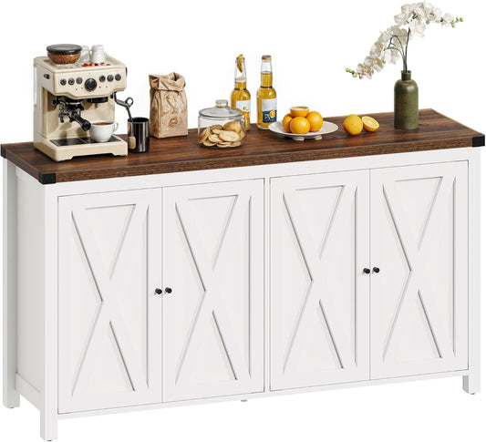 DWVO 55'' Sideboard Buffet Cabinet with Storage, Farmhouse Kitchen Storage Cabinet with 4 Doors, Coffee Bar Cabinets with Adjustable Shelves for Kitchen, Living Room, White&Brown