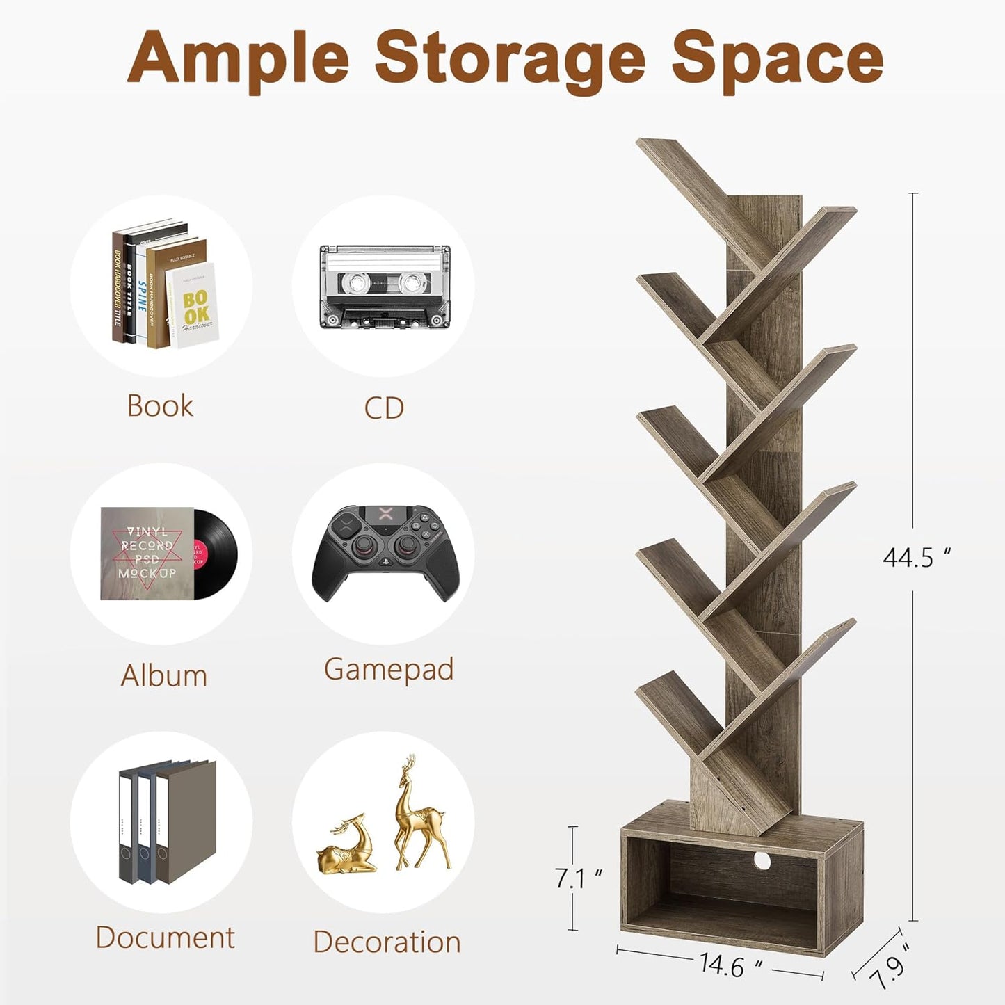 Hoctieon 9 Tier Tree Bookshelf, Tall Bookcase with Drawer, Wood Book Shelf, Modern Floor Standing Bookshelves, Book Organizer Shelves for Bedroom, Living Room, Home Office, Greige