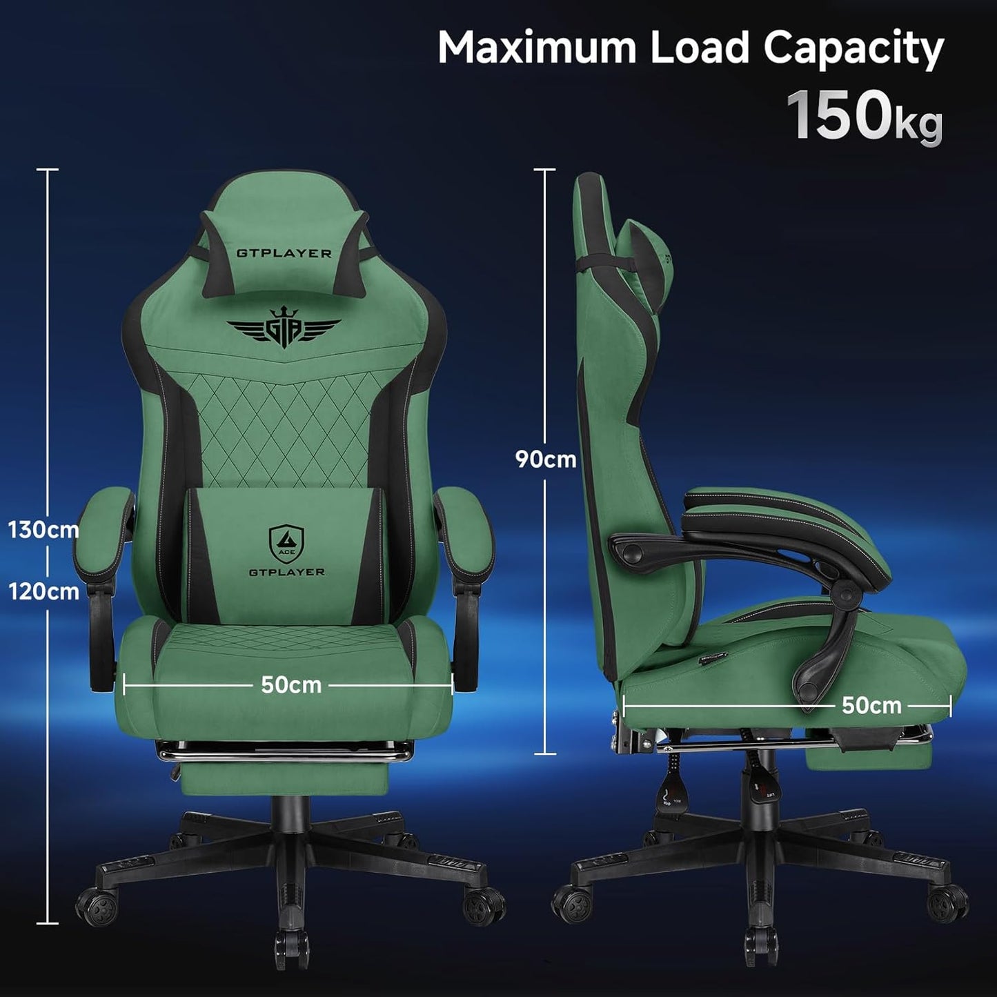GTPLAYER Gaming Chair, Video Game Chairs with Footrest and Lumbar Support, Computer Chair for Adults with Extended Backrest, Ergonomic Reclining Silla Gamer, Fabric, Green