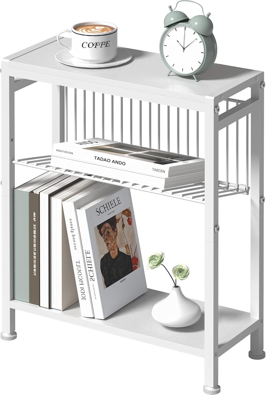 End Table for Small Space, 3-Tier Narrow Side Table with Magazine Holder,Small Nightstand, Skinny Snack Couch Table in Living Room, Bedroom Study and Balcony (White)