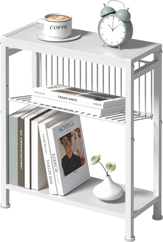 End Table for Small Space, 3-Tier Narrow Side Table with Magazine Holder,Small Nightstand, Skinny Snack Couch Table in Living Room, Bedroom Study and Balcony (White)