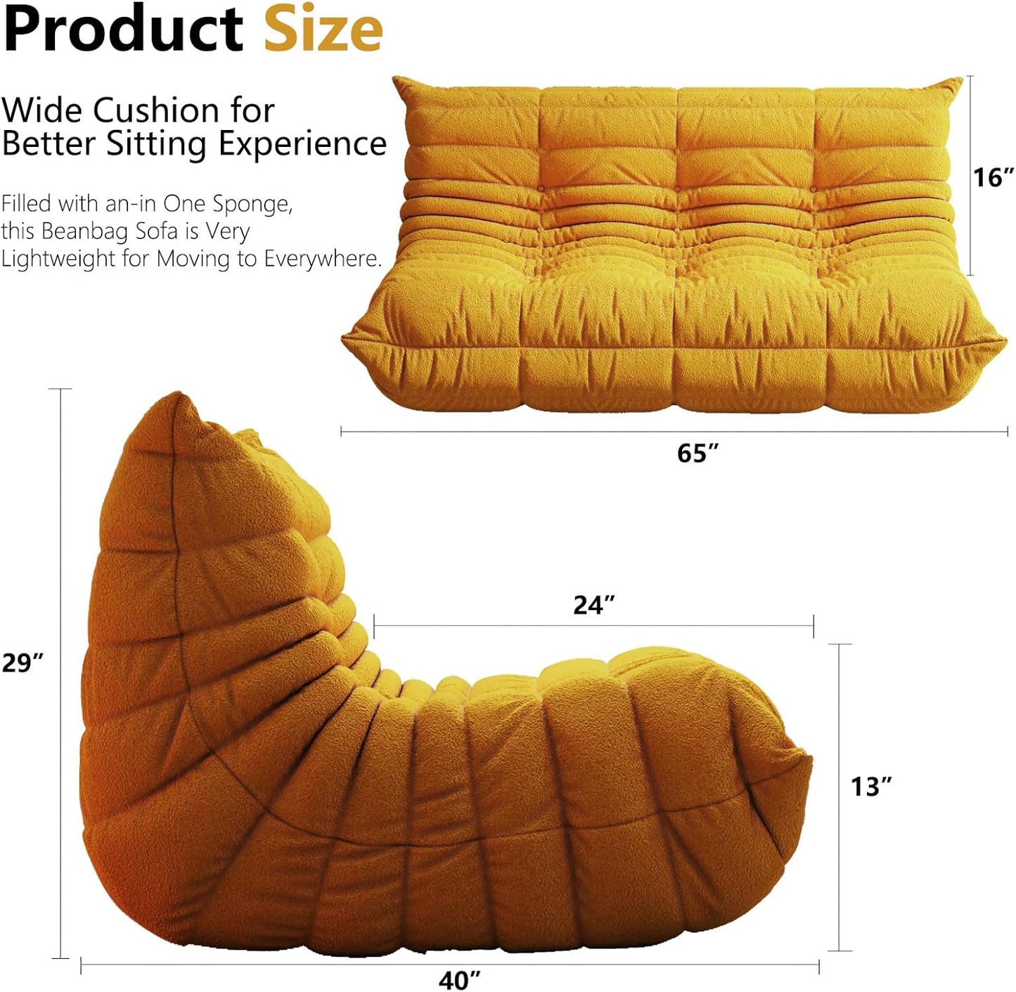 Bean Bag Chairs for Adults, BeanBag Reading Chair Memory Foam Couch 3-Seater, Floor Chair Soft Teddy Material, Comfy Reading Nook Chairs for Bedroom Living Room Office (Yellow)