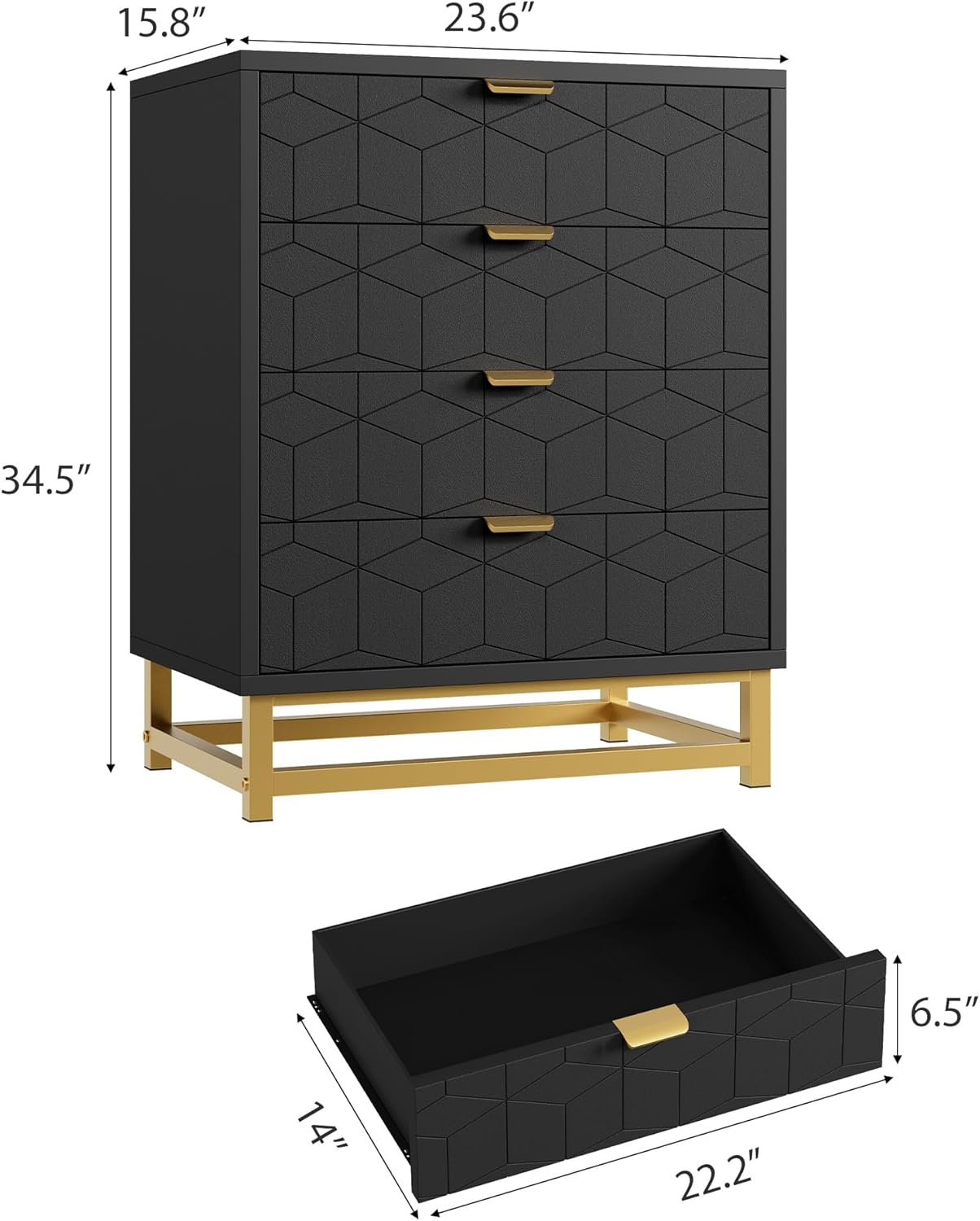 GAOMON Black Dresser, 4 Drawer Dresser for Bedroom, Wood Chest of Drawers, Modern Dressers with Gold Metal Handles for Living Room, Hallway, Entryway