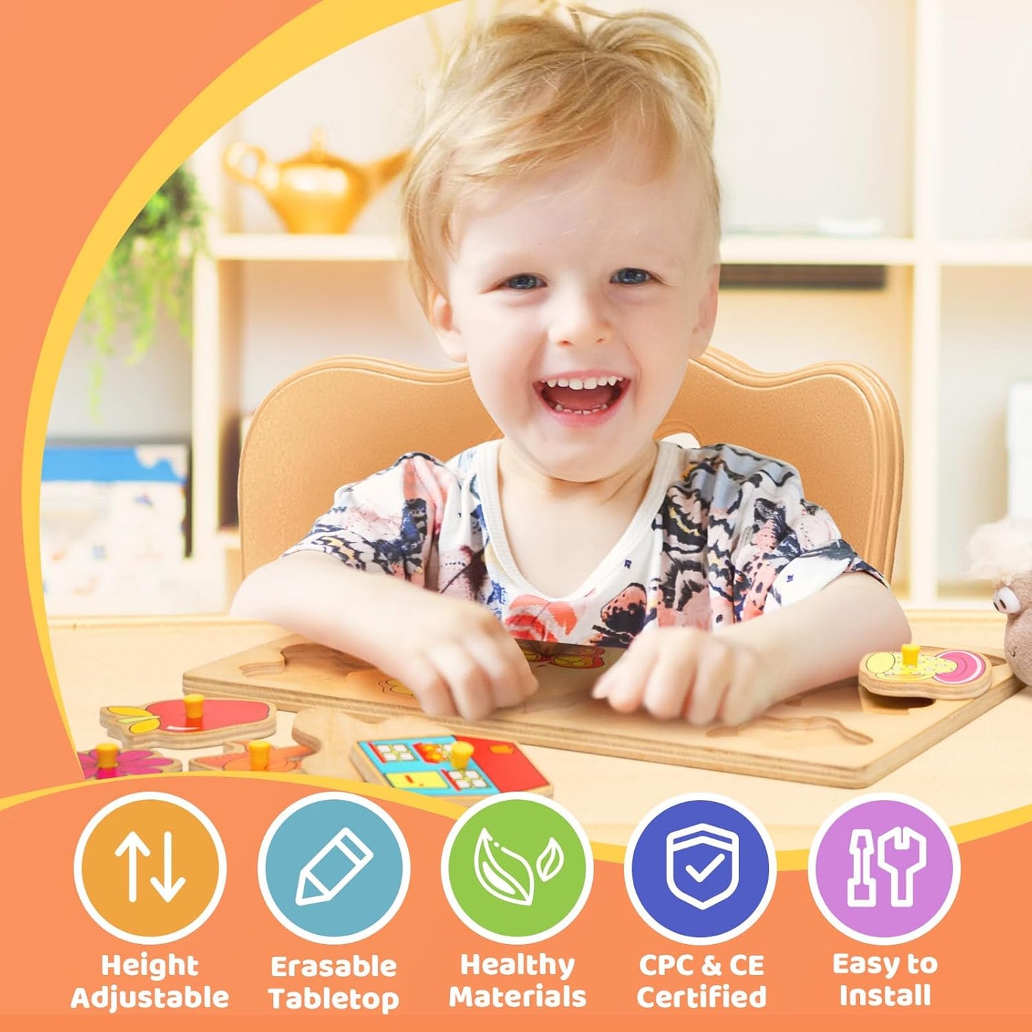 FUNLIO Kids Table and 2 Chairs Set for Ages 3-8, Height Adjustable Toddler Table and Chair Set, Easy to Wipe Arts & Crafts Table, for Classrooms/Daycares/Homes, CPC & CE Approved (3pcs Set) - Natural