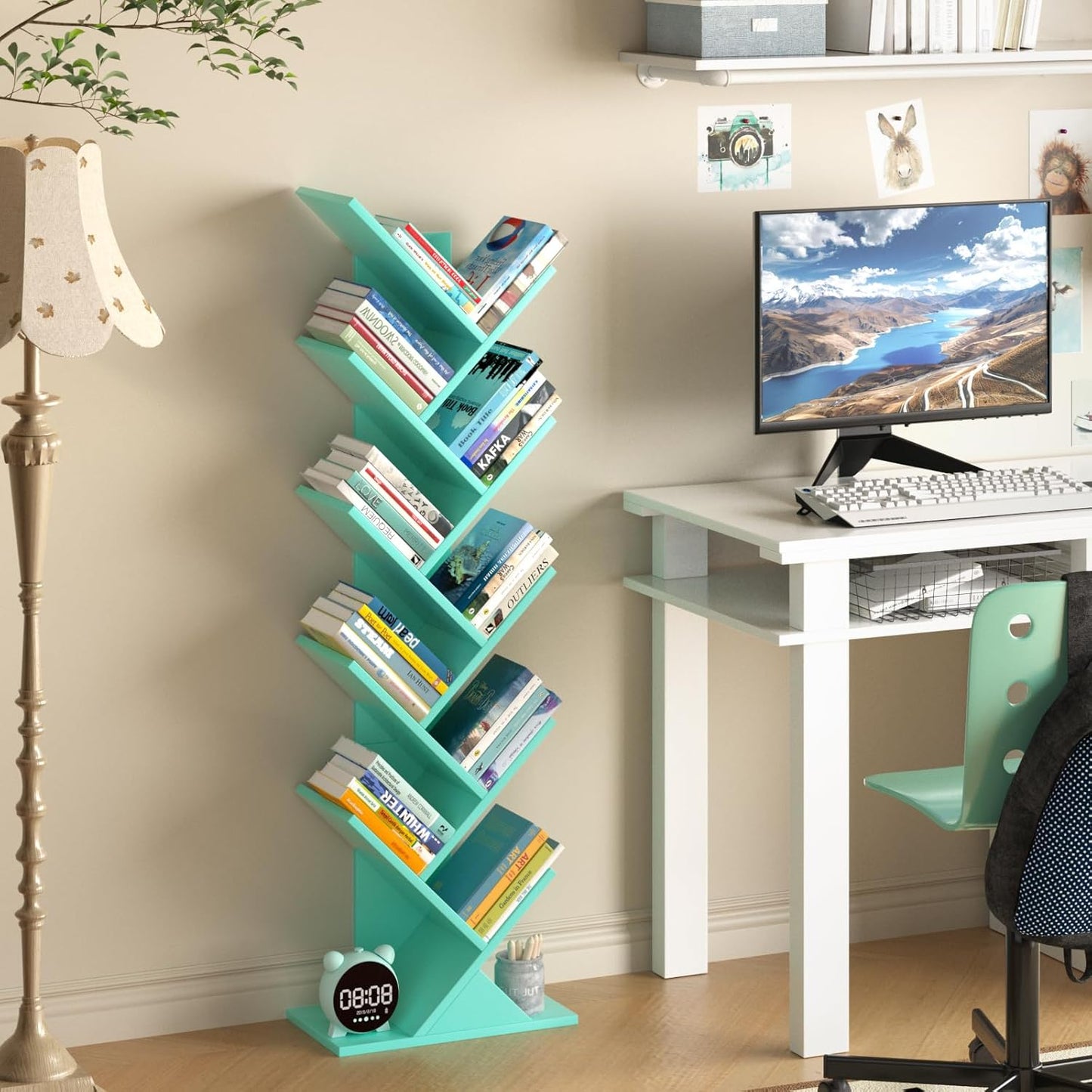 10 Tier Tree Book Shelf, Floor Standing Wood Bookshelf for Narrow Space, Storage Organizer Bookshelves for Books/CDs/Magazine, Bookcase with Shelves for Home Office, Living Room - Green