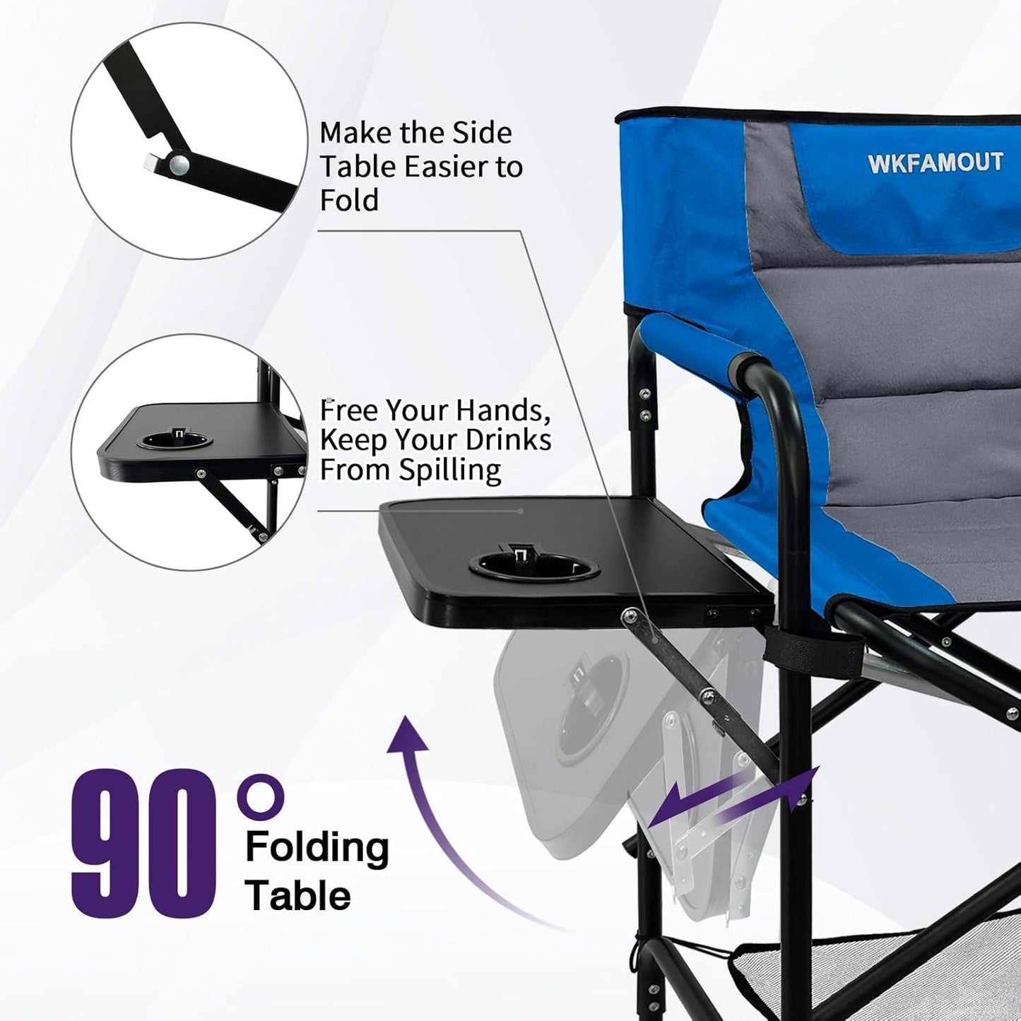 Tall Folding Directors Chair with Side Table 30.71" Seat Height Foldable Camping Chair Bar Stool for Makeup Artist Face Painting with Footrest and Storage Pocket Supports 350LBS