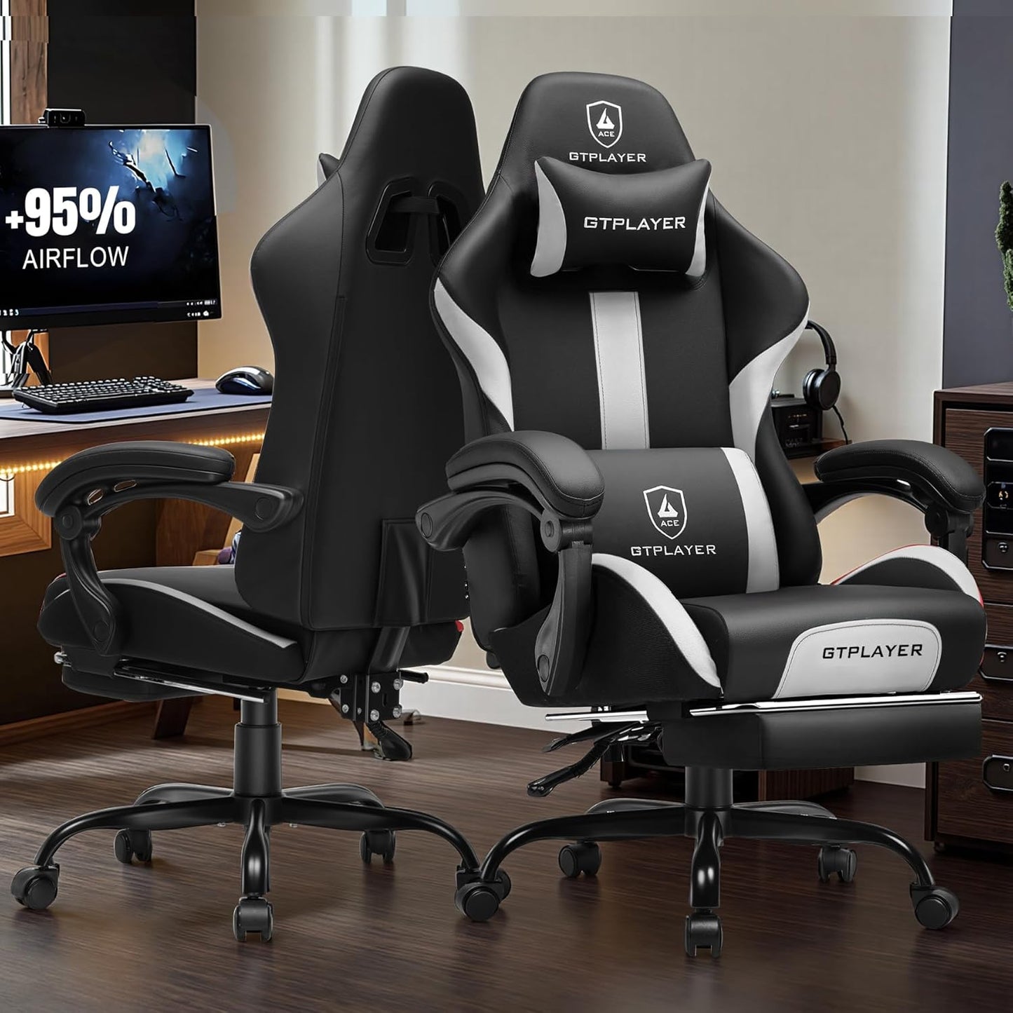 GTRACING Gaming Chair with Foot Rest & Pocket Spring Cushion, Ergonomic High Back Computer Chair with Headrest & 360°-Swivel Seat for Home Office Desk, PU Leather, White/Black