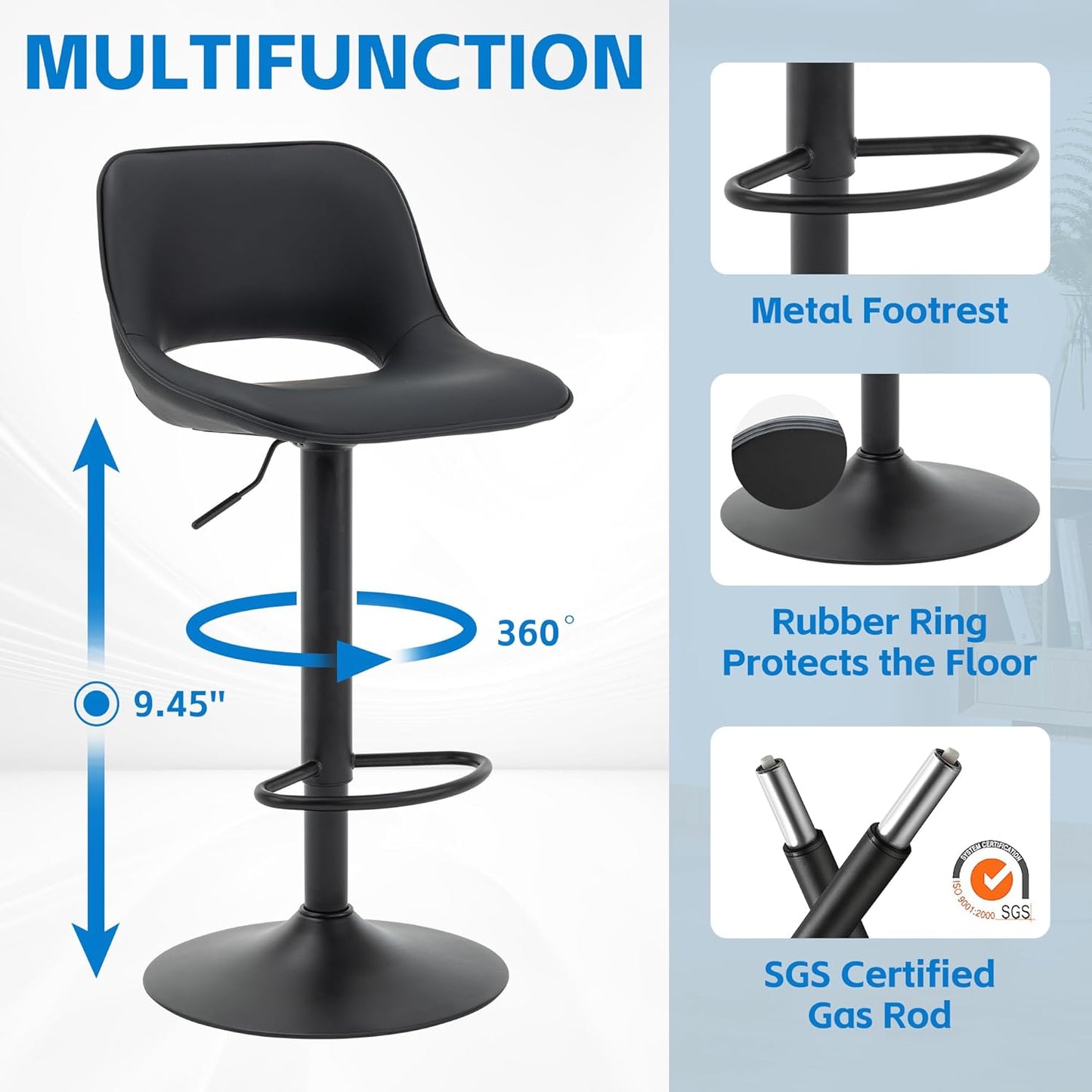 YOUNIKE Black Bar Stools Set of 2 Compact Modern Swivel Barstools, Adjustable Counter Height Bar Stools Faux Leather Upholstered Bar Stool with Hollow Back for Kitchen Island