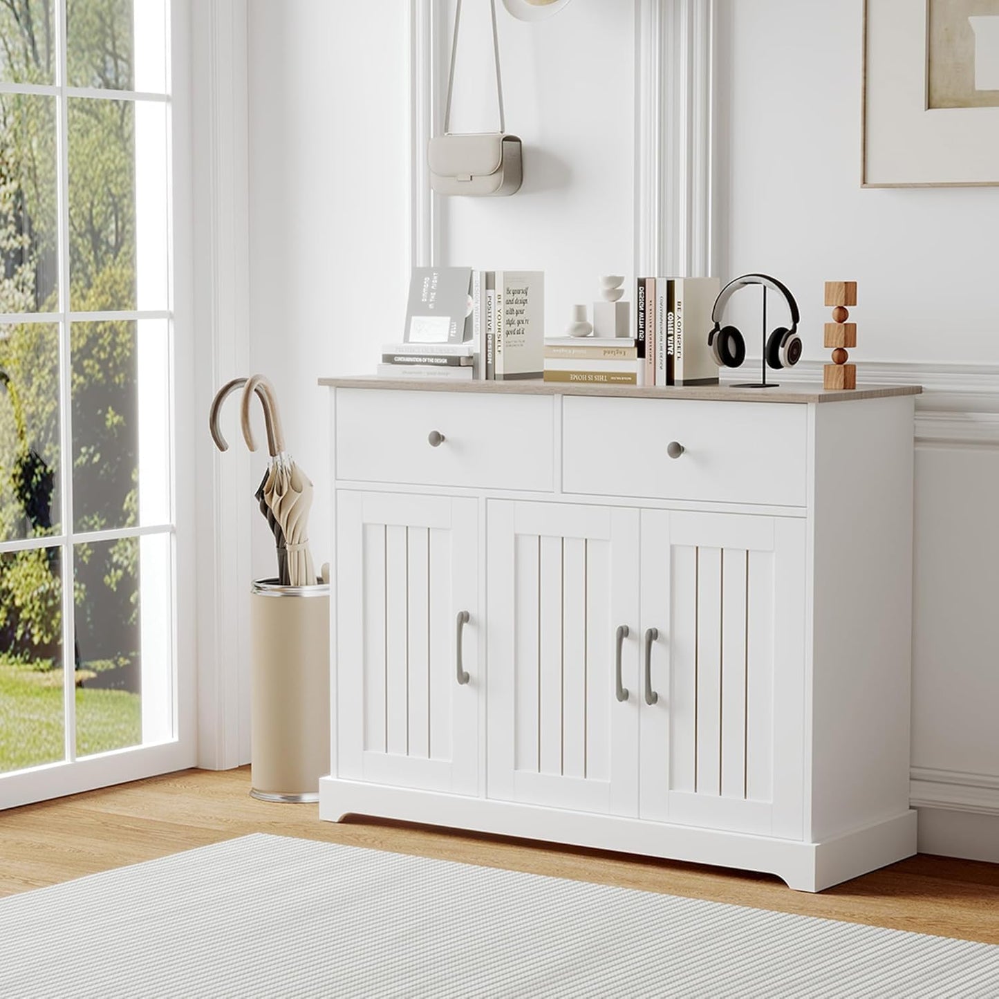 Farmhouse Large Buffet Sideboard Storage Cabinet 42 Inch with Adjustable Shelf, Drawers, and Sliding Barn Doors, Wooden Coffee Bar Kitchen Table for Entryway, Dining Room, and Living Room