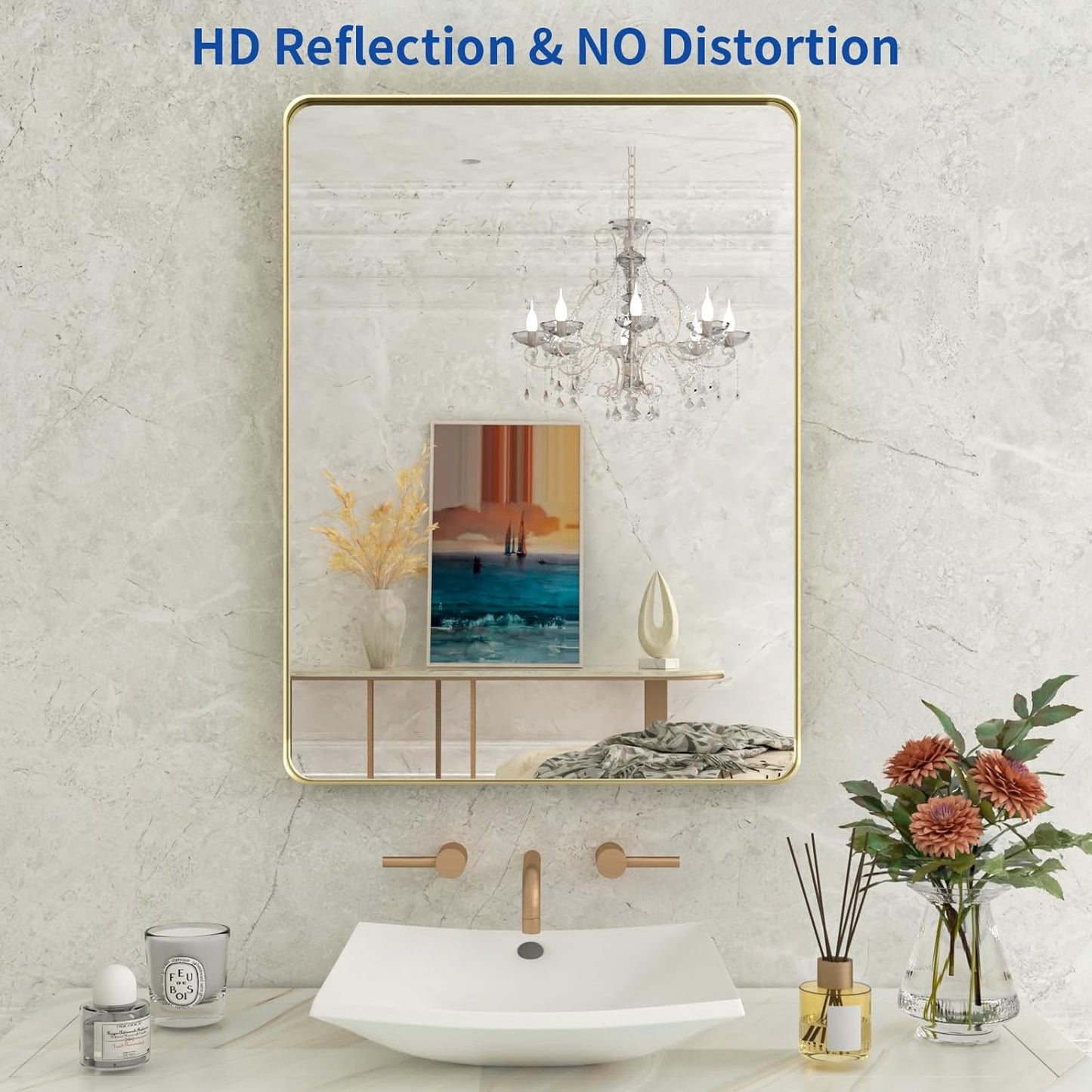 WEER Gold Bathroom Mirror, 36X30 Inch Brushed Gold Metal Frame Mirror, Rounded Rectangle Gold Bathroom Vanity Mirror for Wall, Tempered Glass, Anti-Rust, Hangs Horizontally or Vertically