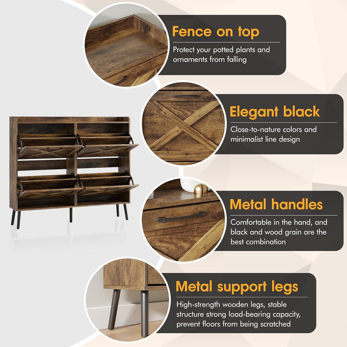 Maupvit Large Shoe Storage Cabinet with 4 Flip Drawers, Narrow Shoe Cabinet for Entryway with Wooden Legs, Freestanding Hidden Shoe Rack Organizer ＆ Metal Hinges, Rustic Brown