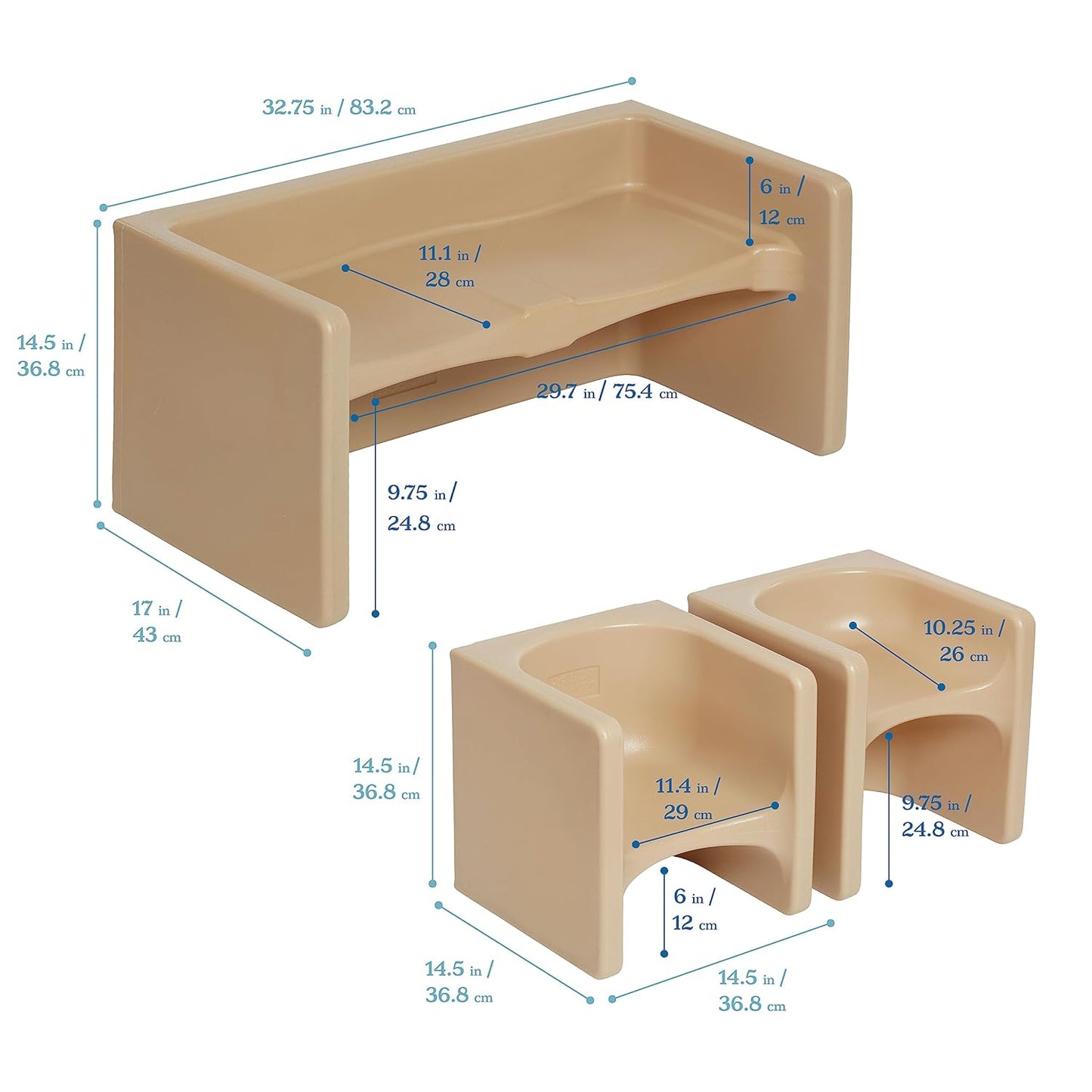 ECR4Kids Tri-Me Table and Cube Chair Set, Multipurpose Furniture, Sand, 3-Piece