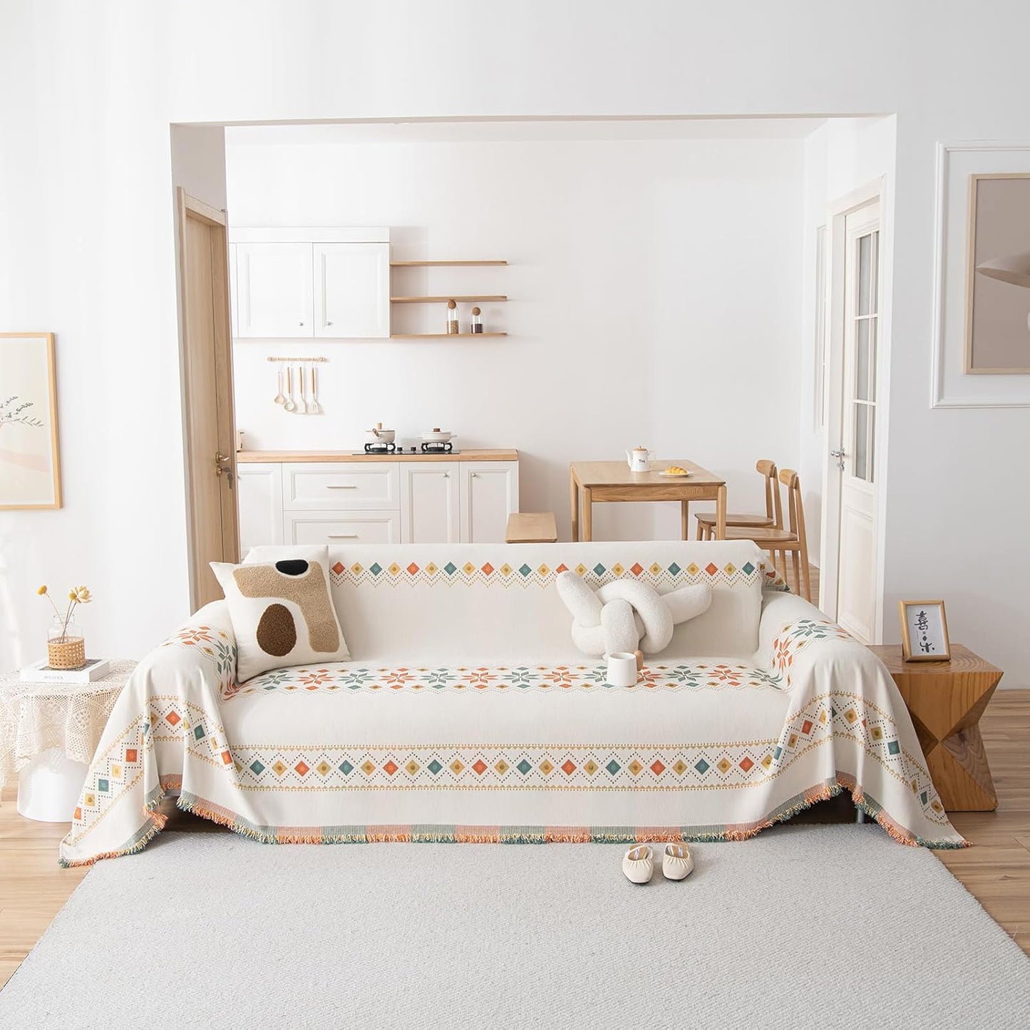 STACYPIK Thick Boho Beige Sofa Cover, Jacquard Chenille Couch Cover for Sectional, Non-Slip Geometric Furniture Protector for 3 Cushion Couch, L Shaped Sofa Cover Decorative Sofa Slipcover-71X134IN