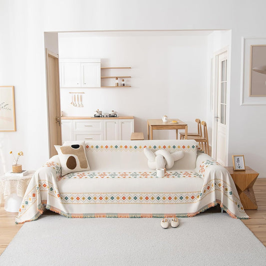 STACYPIK Modern Beige Couch Cover, Boho Jacquard Furniture Protector for 3 Cushion Couch, Reversible Decorative Soft Chenille for Sectional, L Shaped Couch Cover Washable Sofa Throw Cover-71X150IN