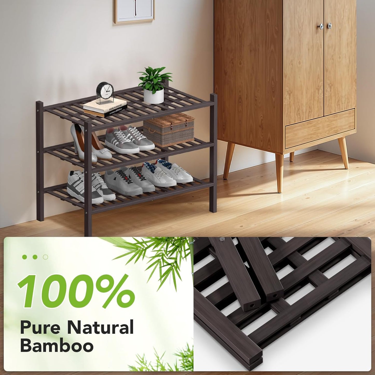 Haddockway Large 3 Tier Bamboo Shoe Rack Storage Organizer, Multifunctional Free Standing Stackable Shoe Shelf with Grid Panel for Closet,Hallway,Entryway,Small Space 27"x12"x21"(Brown, 3-Tier(Large))