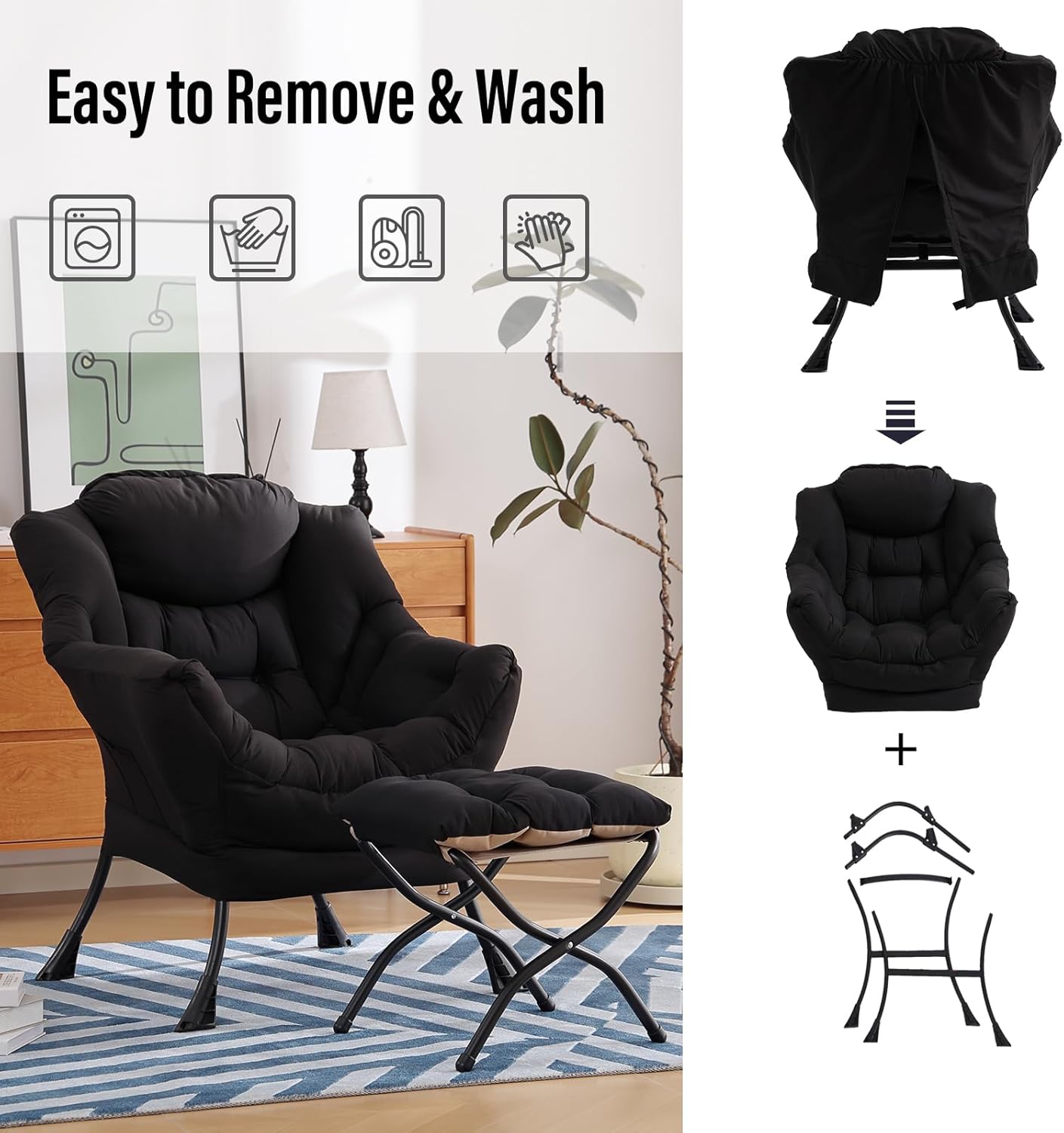 Modern Lazy Chair with Folding Footrest, Lounge Accent & Comfortable Reading Chair (Black)