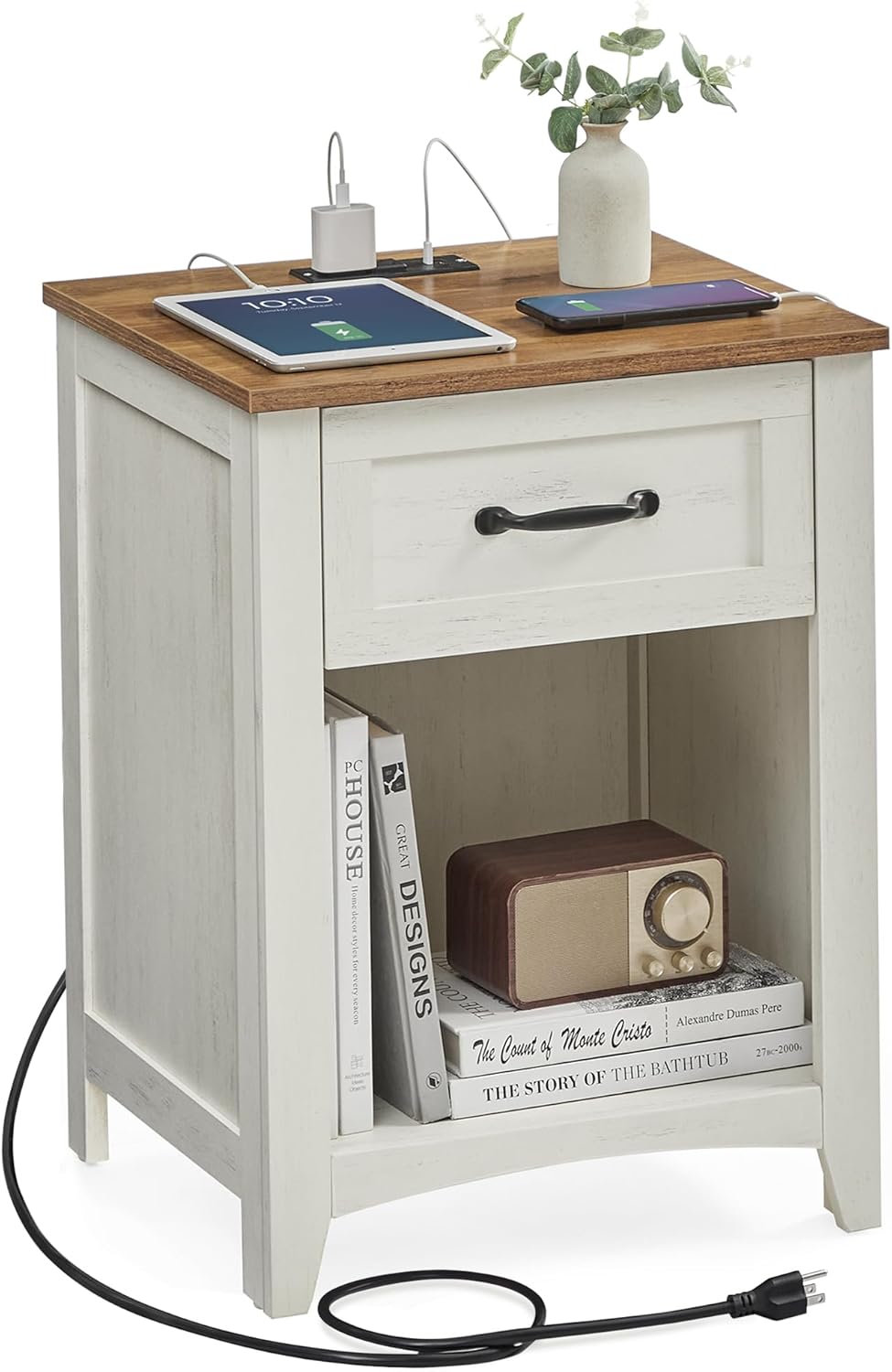 VASAGLE LIRY Collection - Farmhouse Nightstand with Charging Station, Bedside Table, Side Table with Drawer, Open Compartment, for Bedroom, Rustic White and Honey Brown ULET659K41