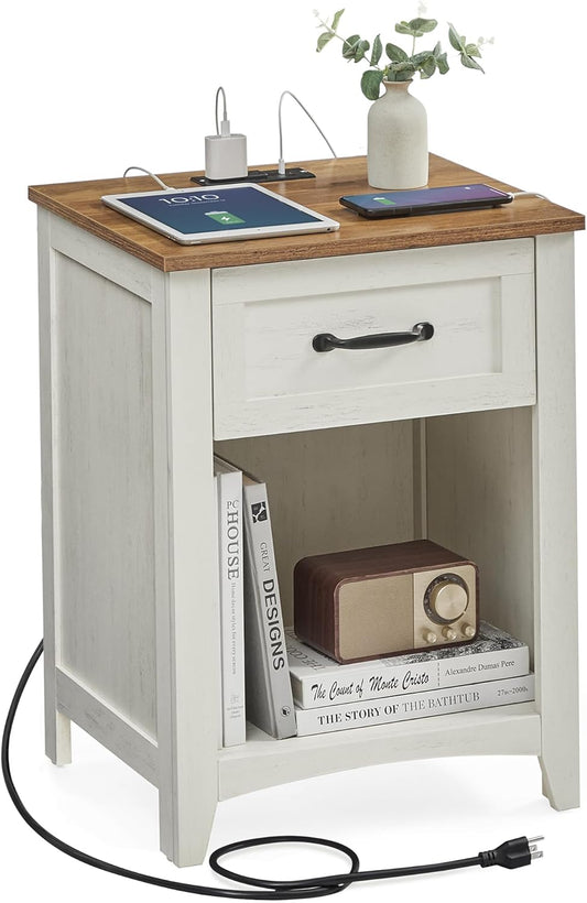 VASAGLE LIRY Collection - Farmhouse Nightstand with Charging Station, Bedside Table, Side Table with Drawer, Open Compartment, for Bedroom, Rustic White and Honey Brown ULET659K41