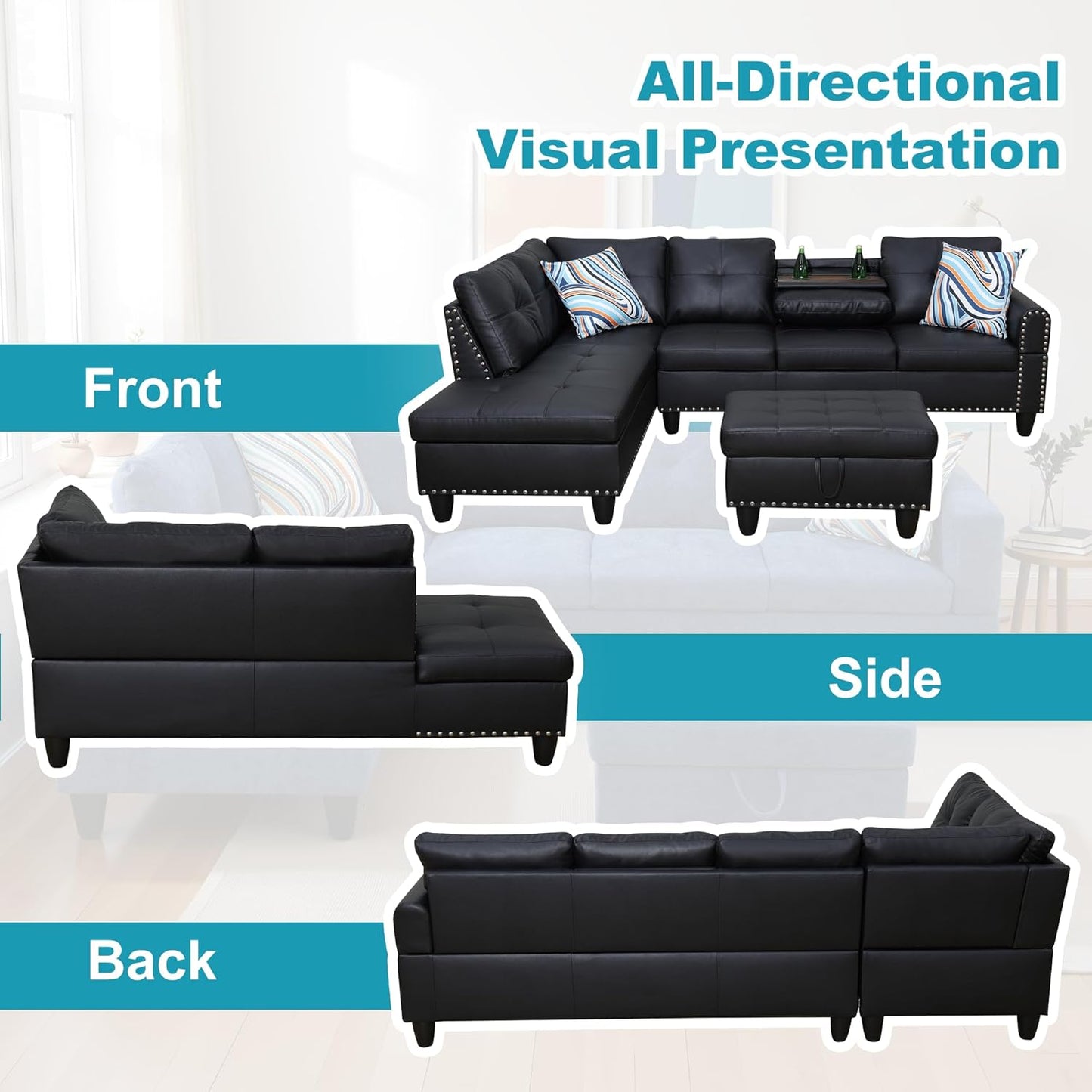 L Shaped Couch Faux Leather Sectional Couch Upholstered 3 Pieces Sofas for Living Room with Chaise, Storage Ottoman for Office and Small Apartment, Graceful Black